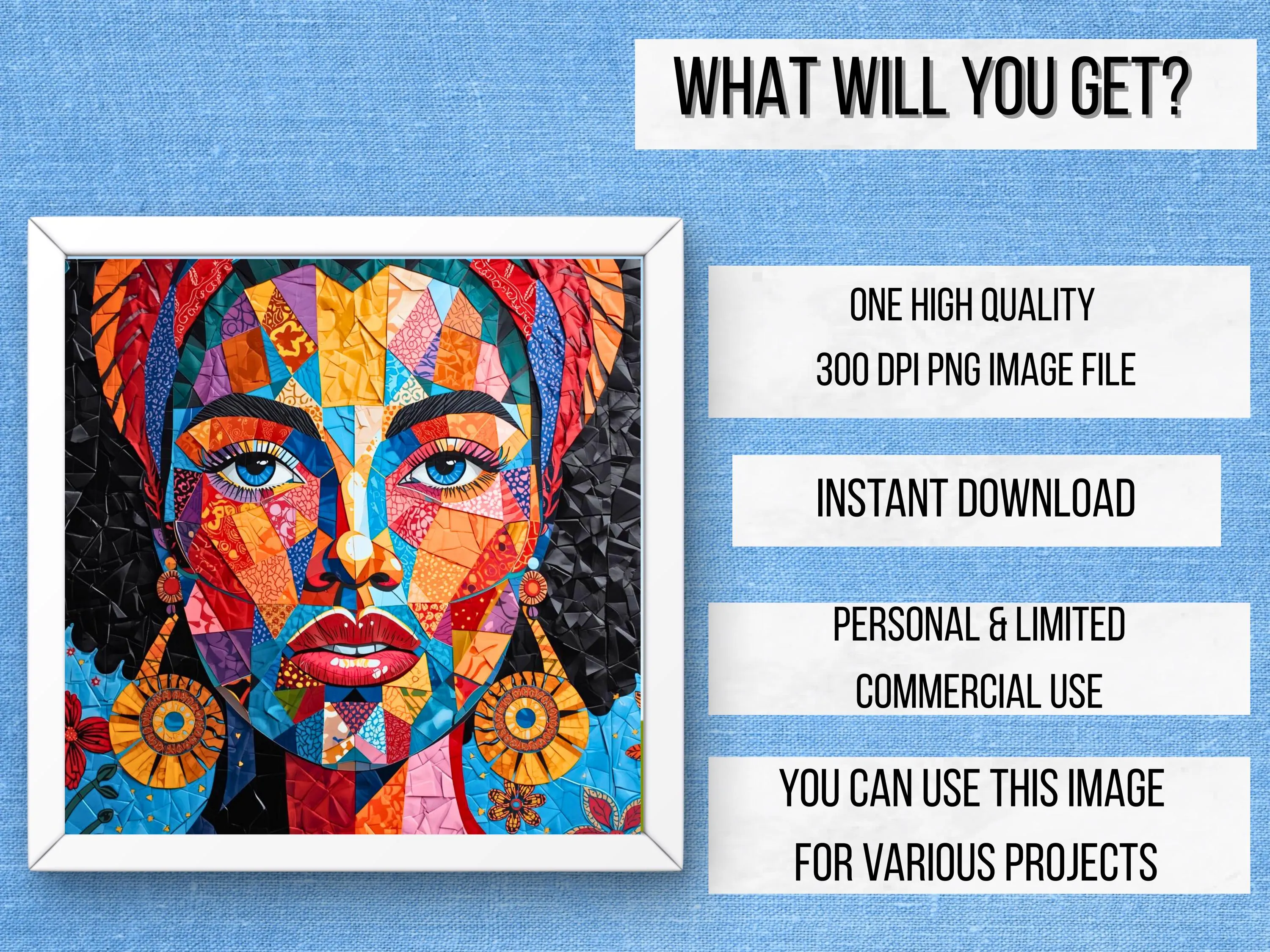 Vibrant African Female Portrait | Mosaic Style Print | Modern Geometric Ethnic Patchwork Art | Instant Download - image 3