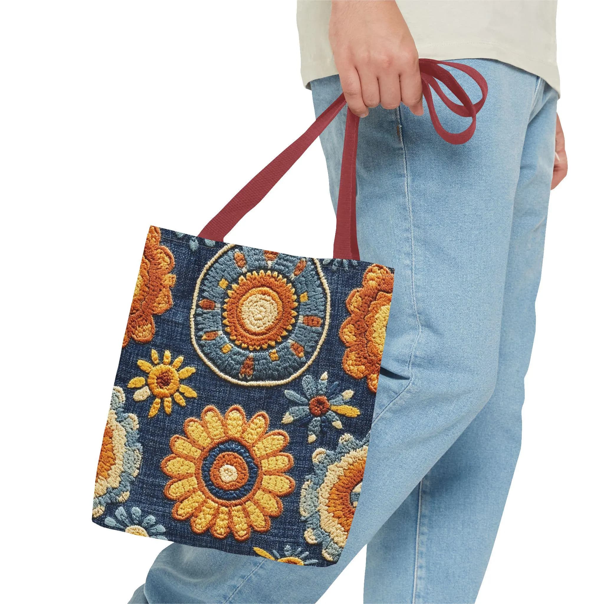 Boho Design colorful jeans sun print tote bag