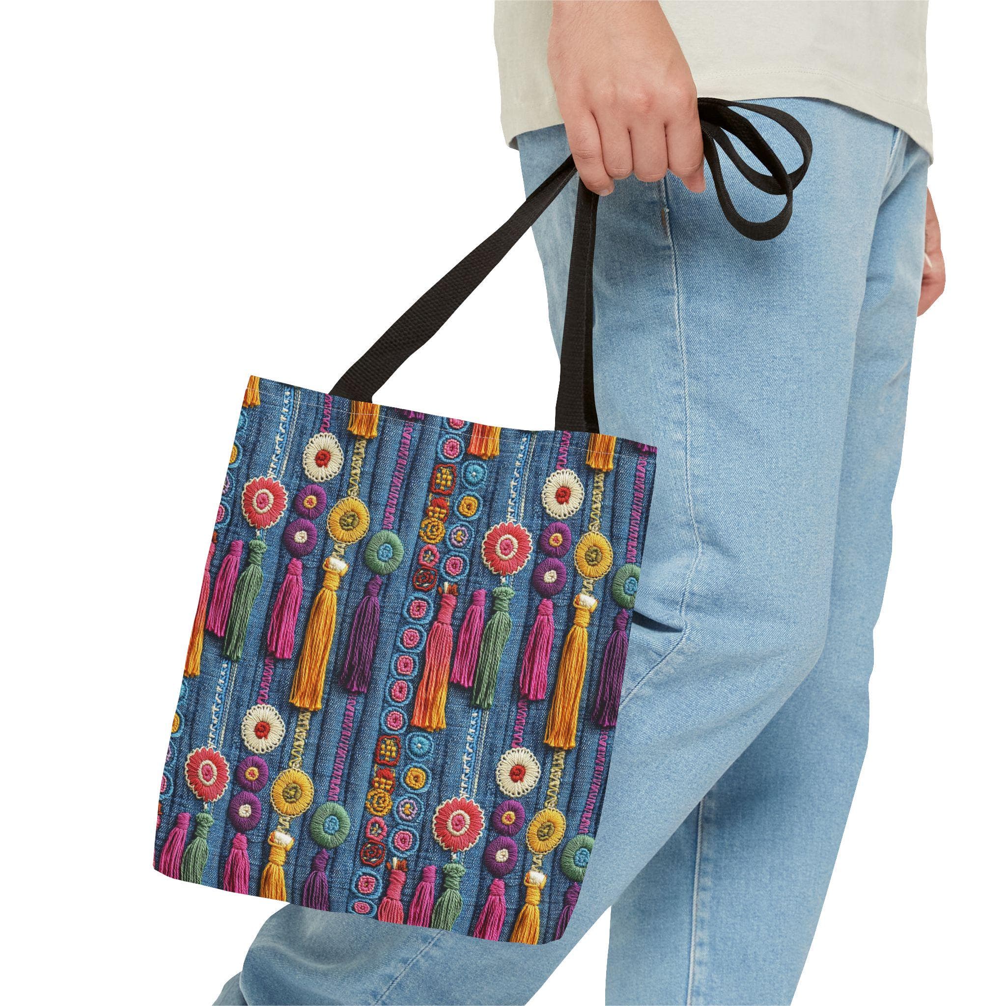 Boho Design colorful jeans print tassel tote bag