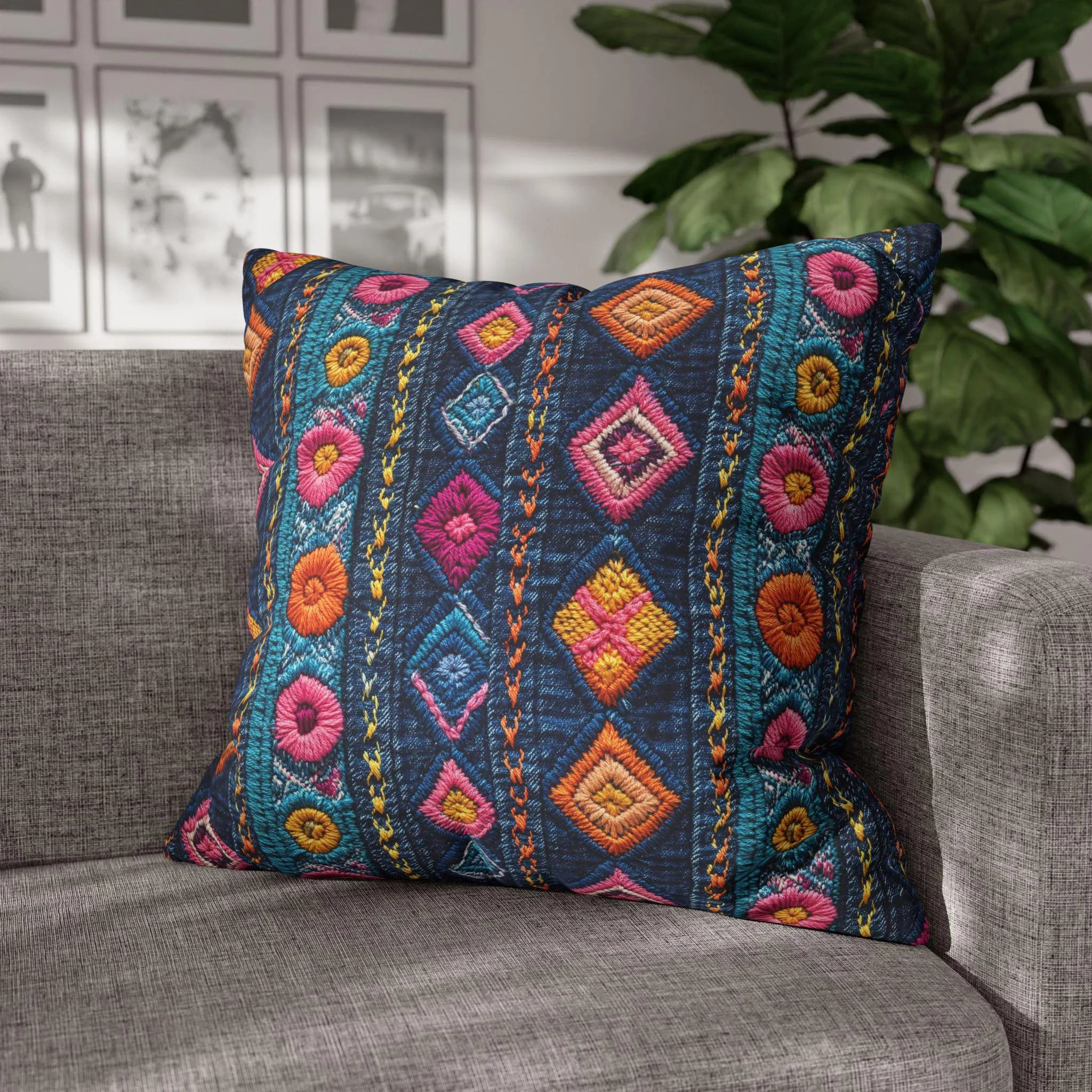 Boho Embroidered Diamond Pattern Pillowcase Square Cushion Cover - image 2