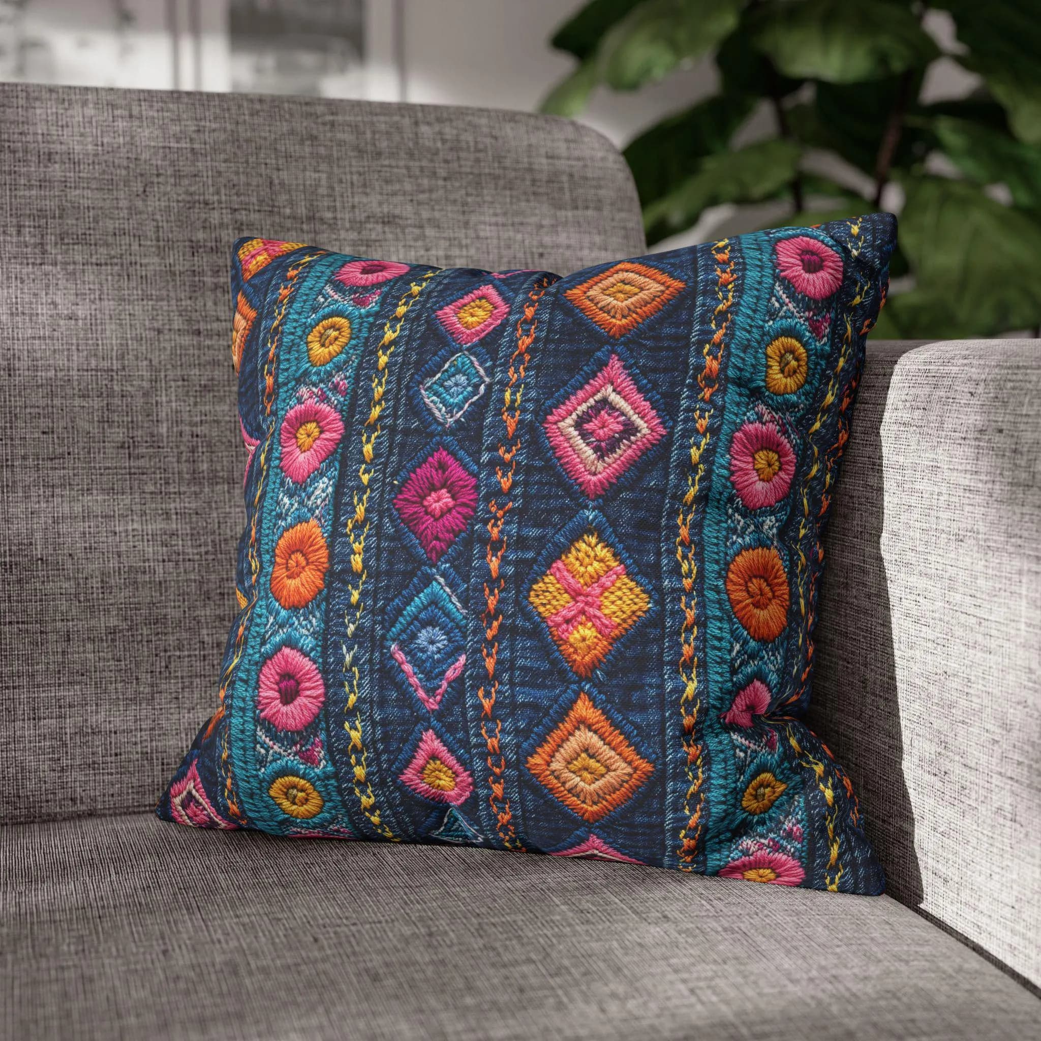 Boho Embroidered Diamond Pattern Pillowcase Square Cushion Cover - image 3