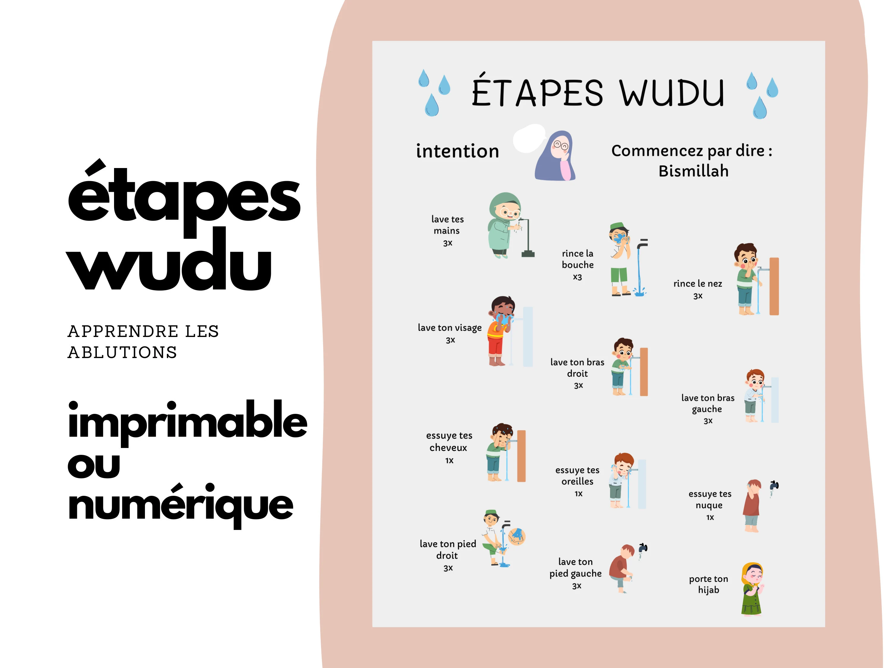 etapes wudu. apprendre wudu. ablution