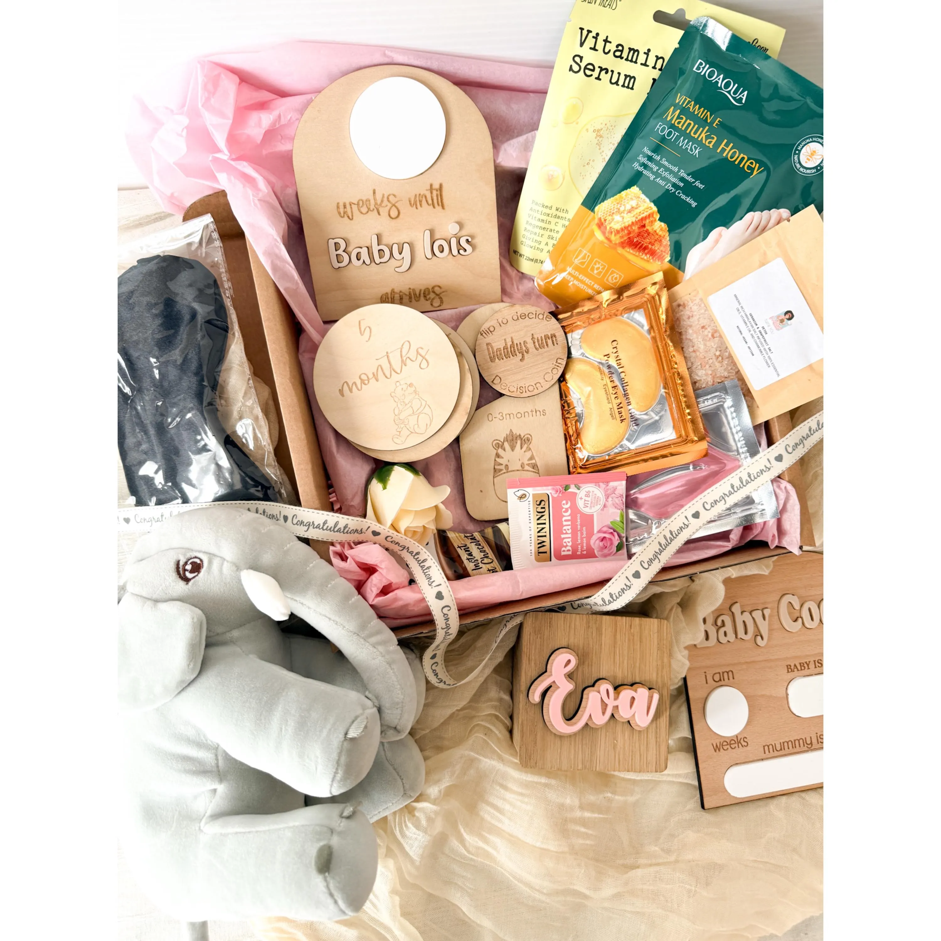 Personalised New Mum Gift Box | Countdown Plaque, Pamper Hamper, Elephant Toy - image 4