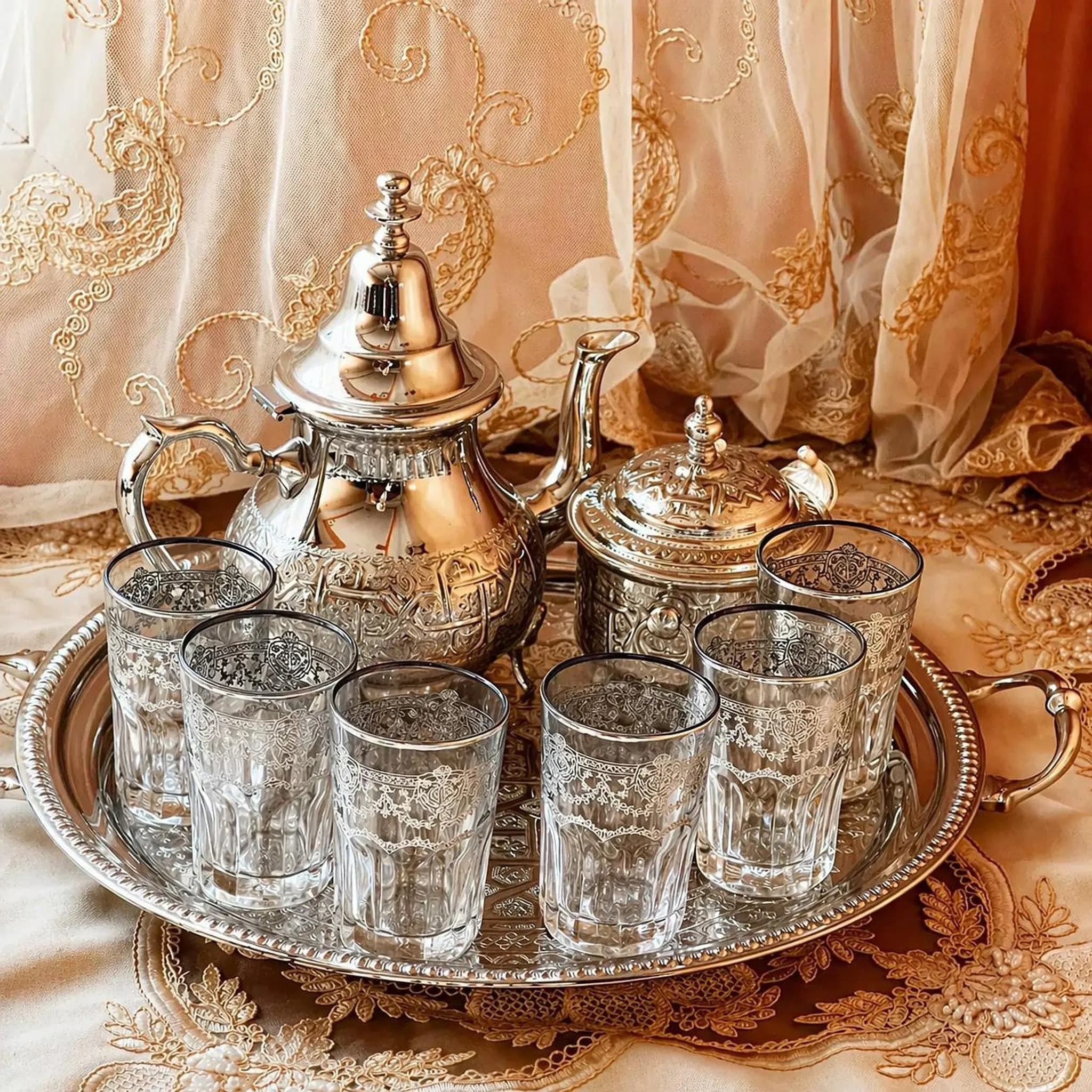 Moroccan Tea Set, Hand-Engraved Silver Plate with Six Glasses and Tray