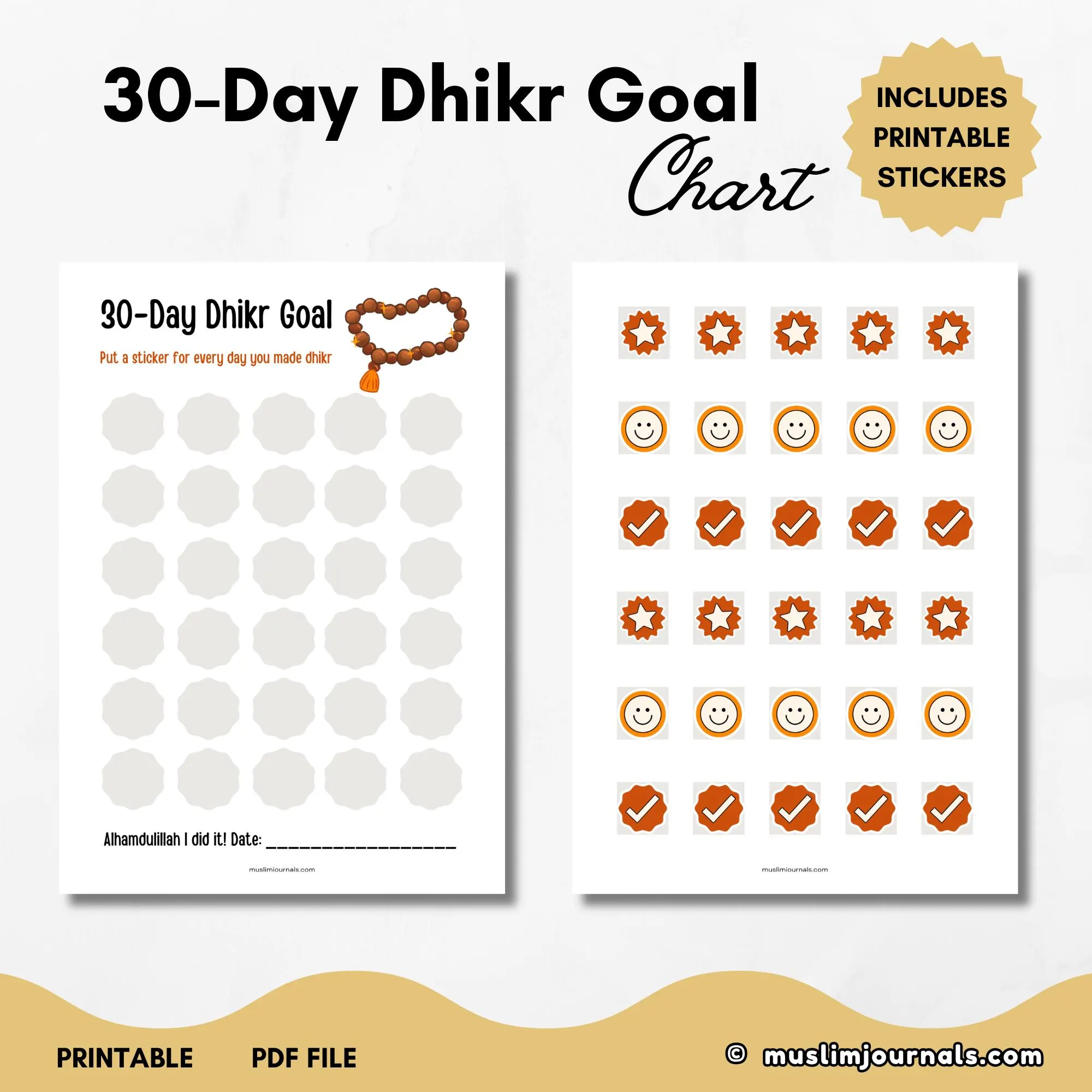 30-Day Dhikr Motivation Sticker Chart for Adult, Teens, Kids (PDF Printable)