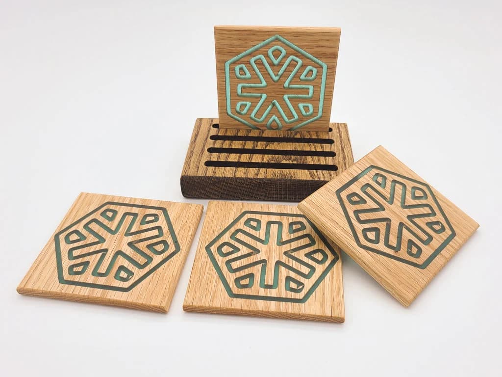 Red Oak Coaster Set: Teal Epoxy Hex Design, with Stand - image 4