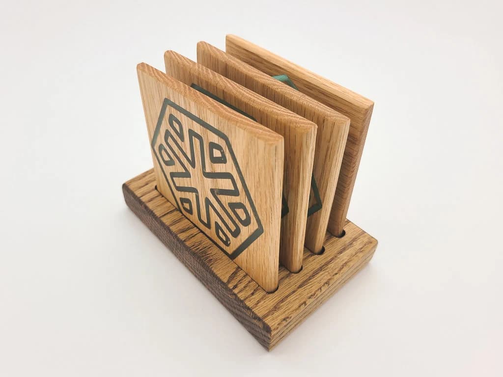 Red Oak Coaster Set: Teal Epoxy Hex Design, with Stand - image 2