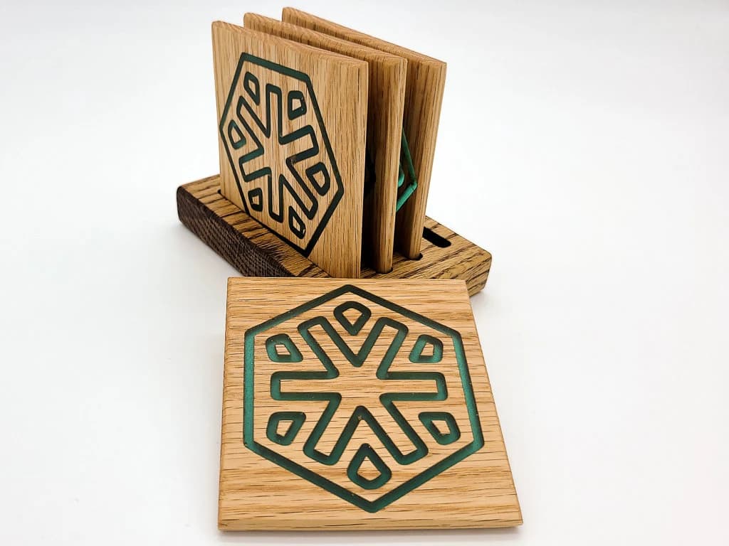 Red Oak Coaster Set: Teal Epoxy Hex Design, with Stand - image 3