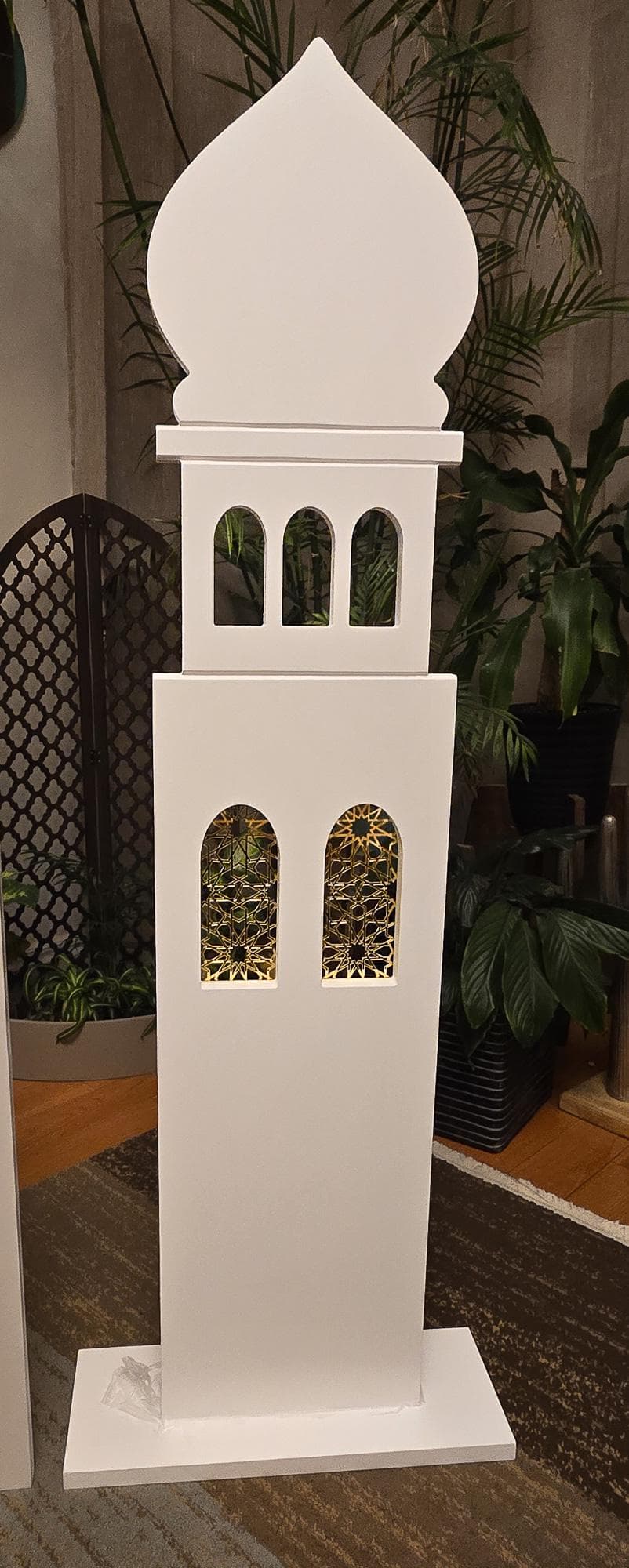 White Wooden Minaret: Ramadan Decoration (46"Hx10"W)