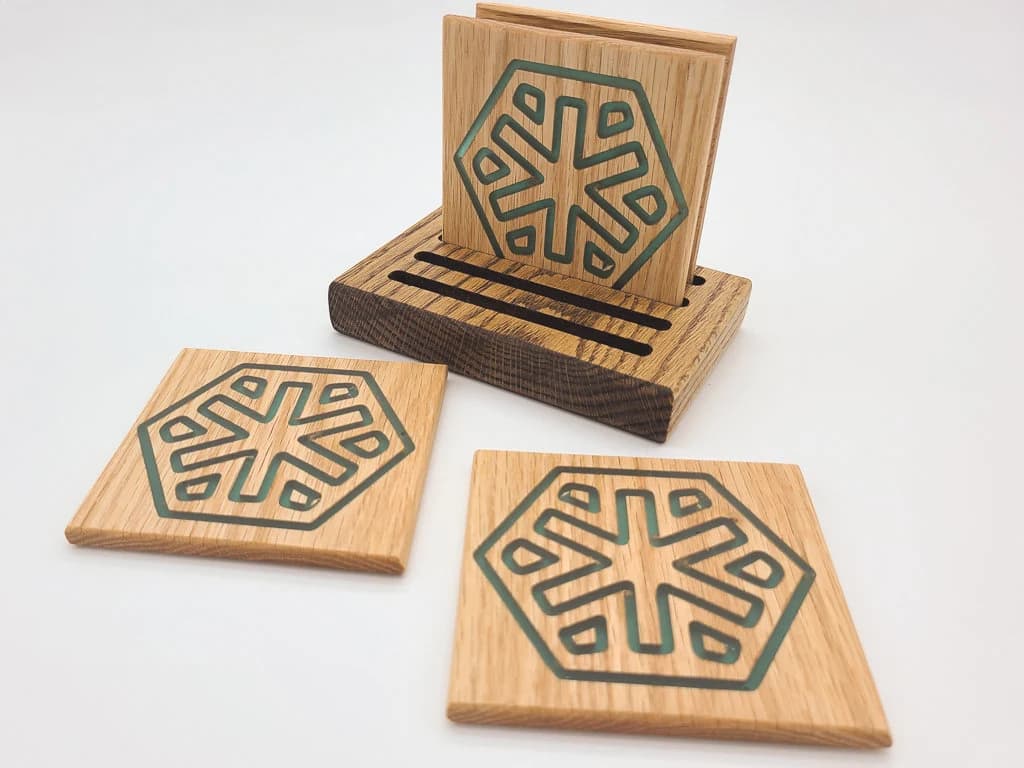 Red Oak Coaster Set: Teal Epoxy Hex Design, with Stand