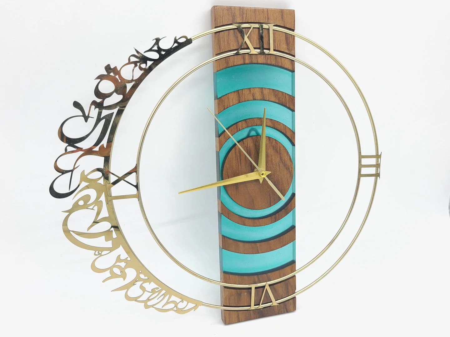 Walnut Wood Ripple Clock: Turquoise Arabic Calligraphy Design - image 2