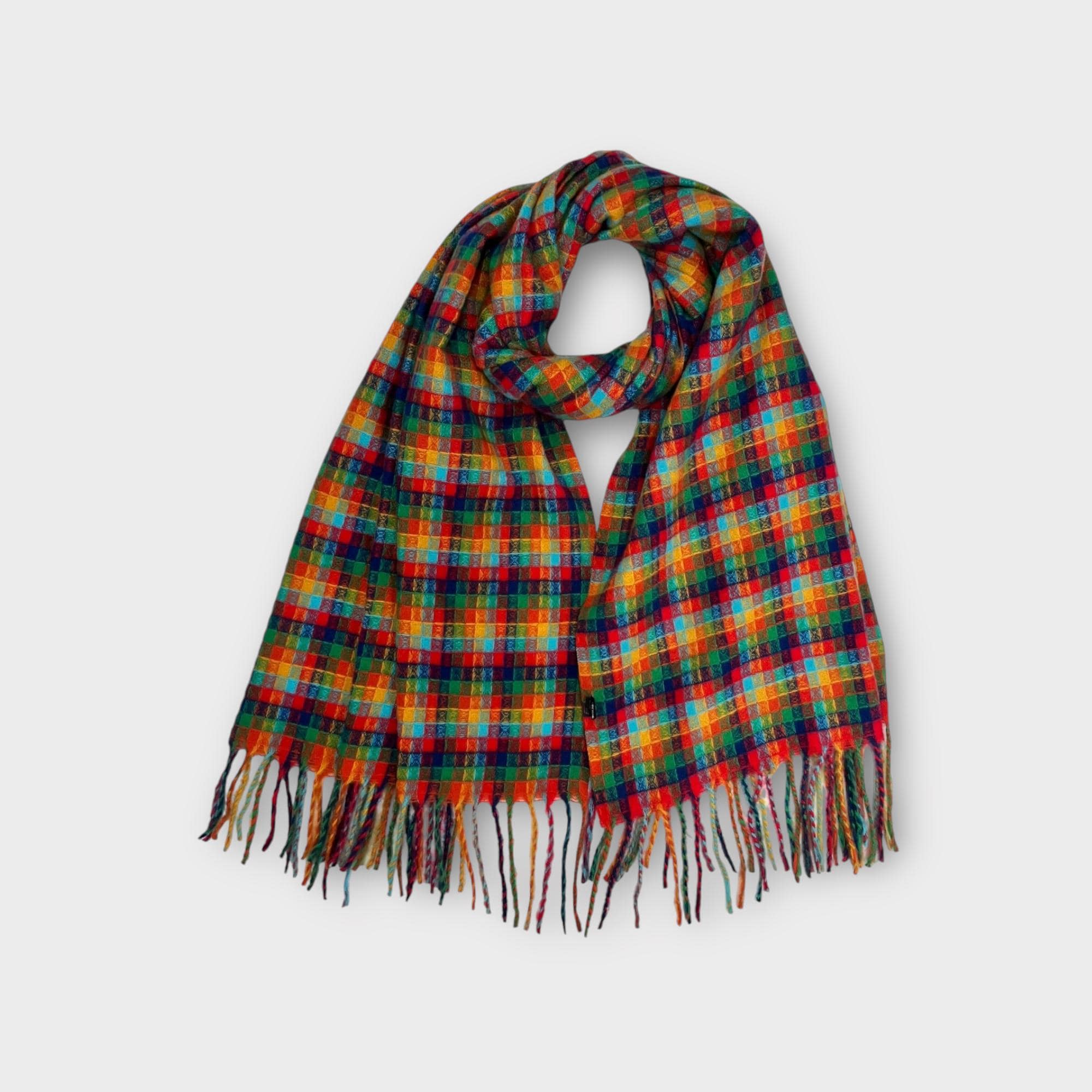 Multicolour Check Scarf with Tassels: Wool Blend Winter Scarf