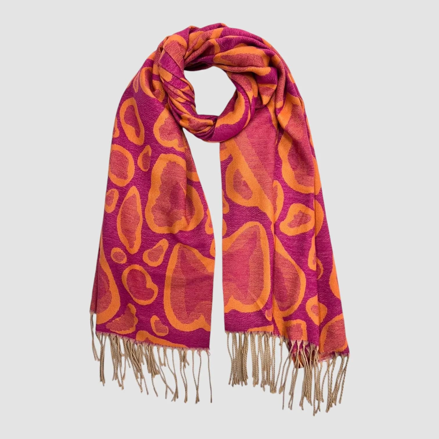 Leopard Heart Print Scarf: Wool Blend with Long Tassels