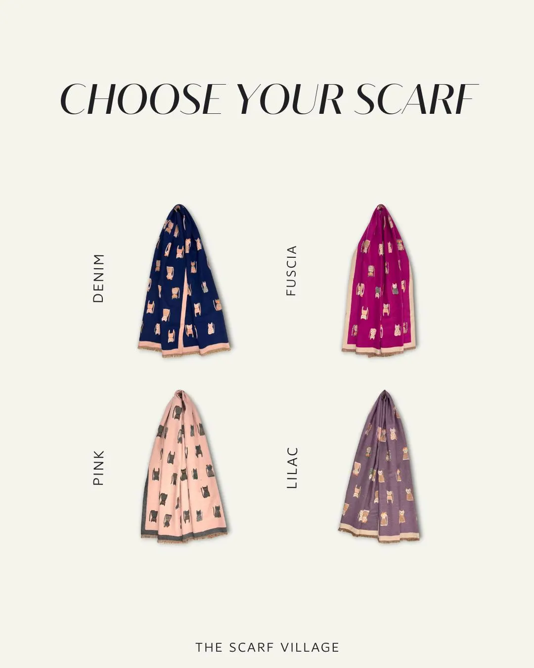 Cat print scarf, Wool blend, Personalised embroidery option available, present for her