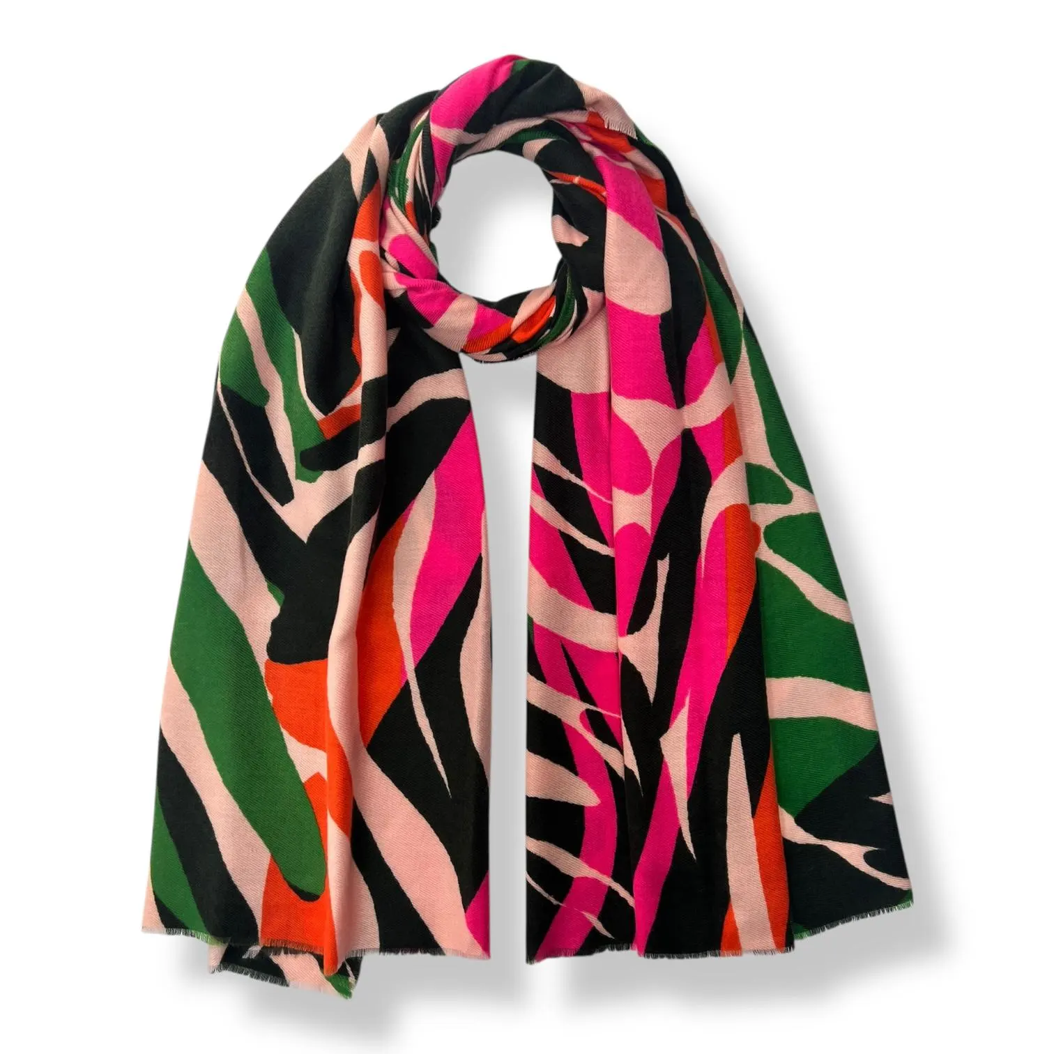 Abstract Leaf Print Scarf | Pink Green Orange Polyester Shawl