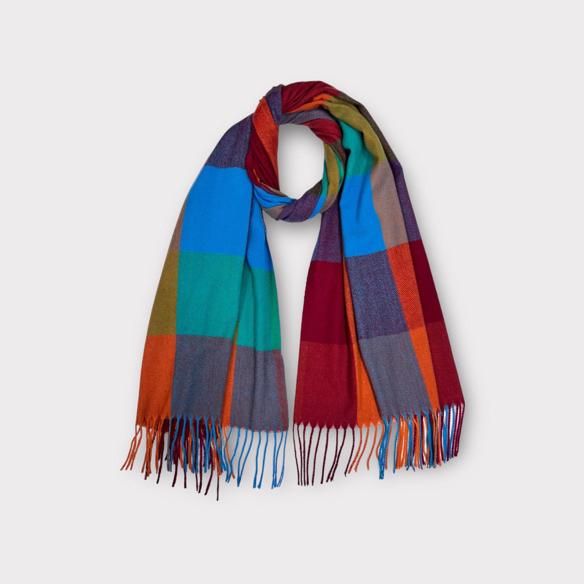 Wool Blend Winter Scarf: Colorful Plaid Tassel Scarf