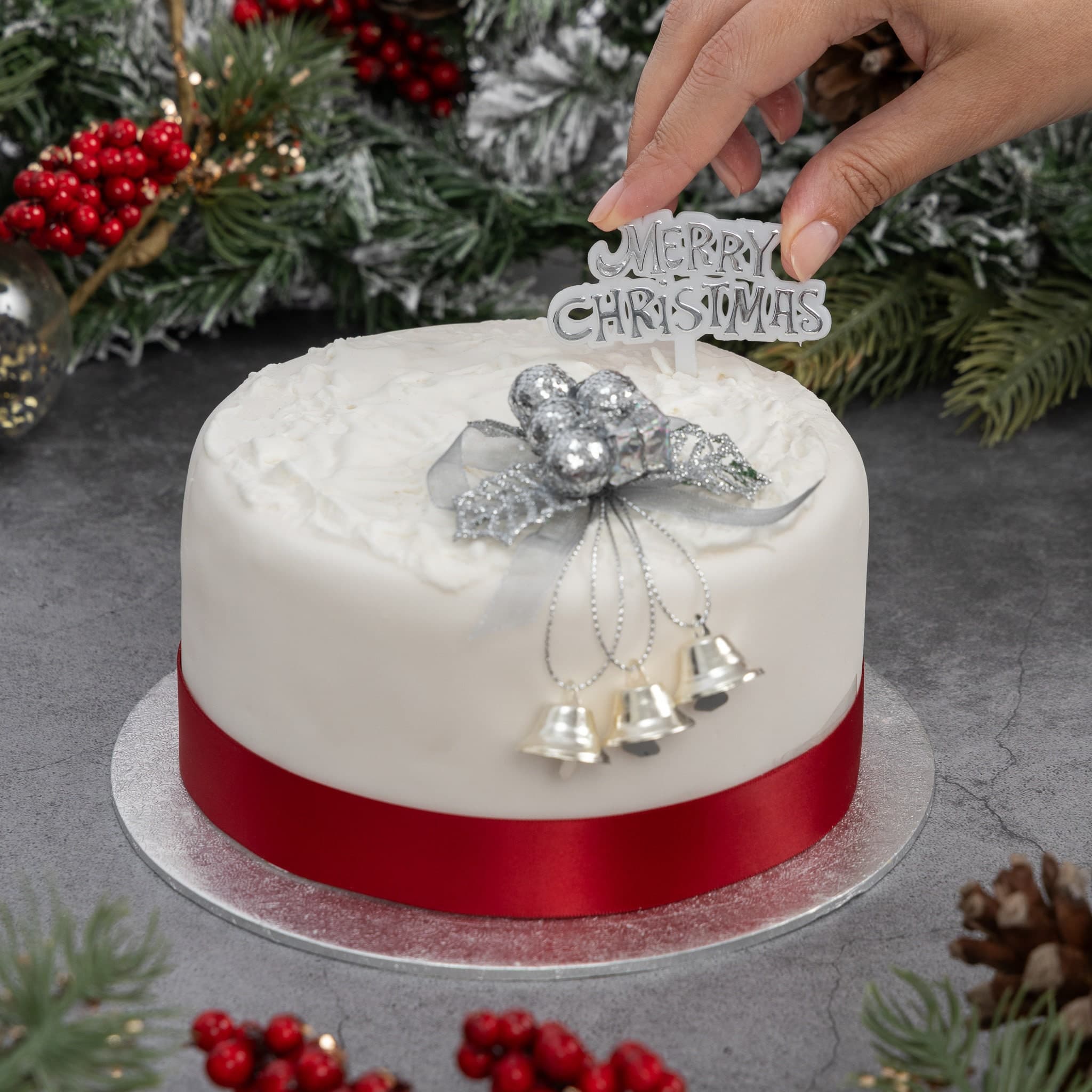 Christmas Cake Decoration topper Set Gold or silver Holly & Bells With Merry Christmas Sign - image 5