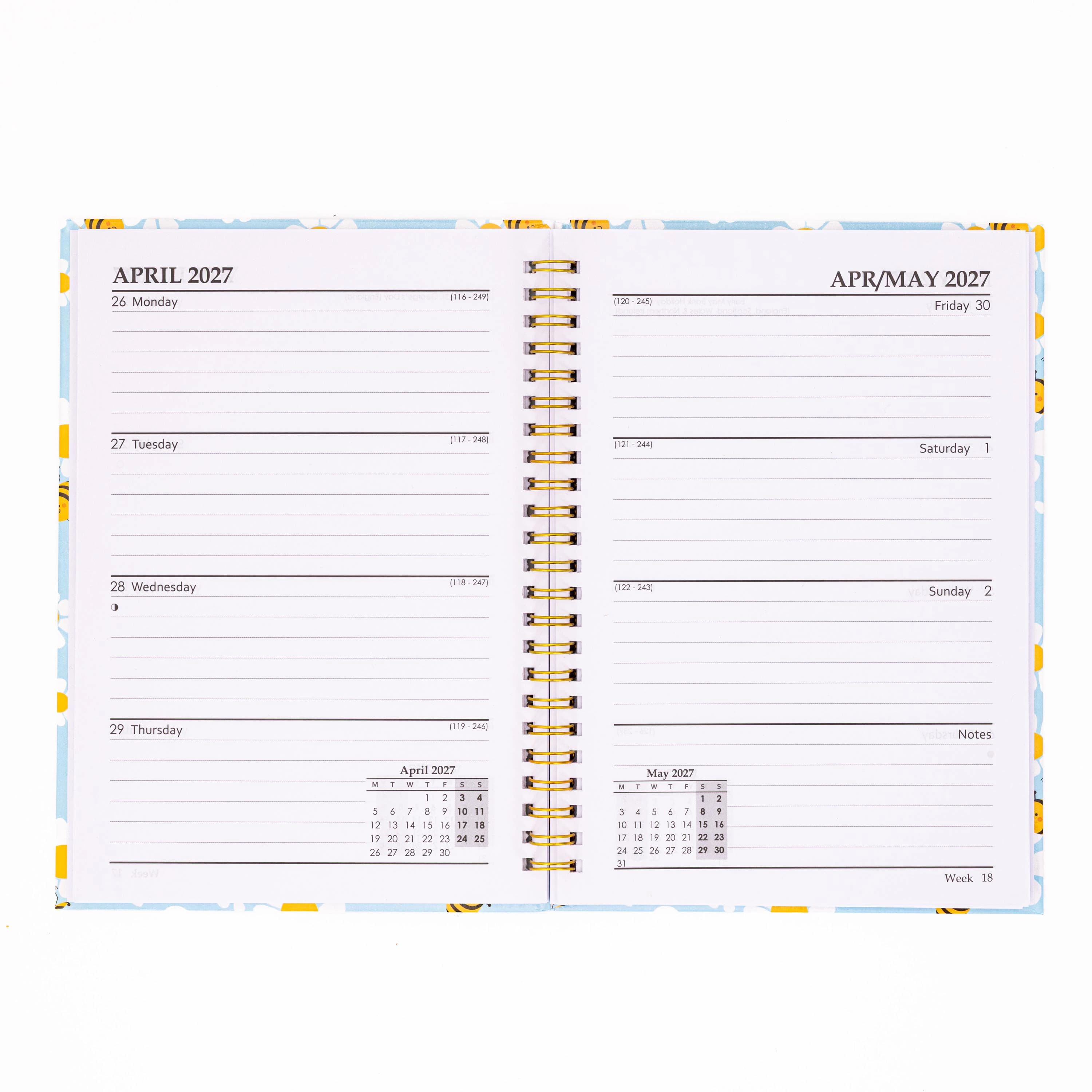 2027 Diary A5 Week to View, Hardback Full Year Planner, Dream Flower Butterflies Bee Tiger or Marble