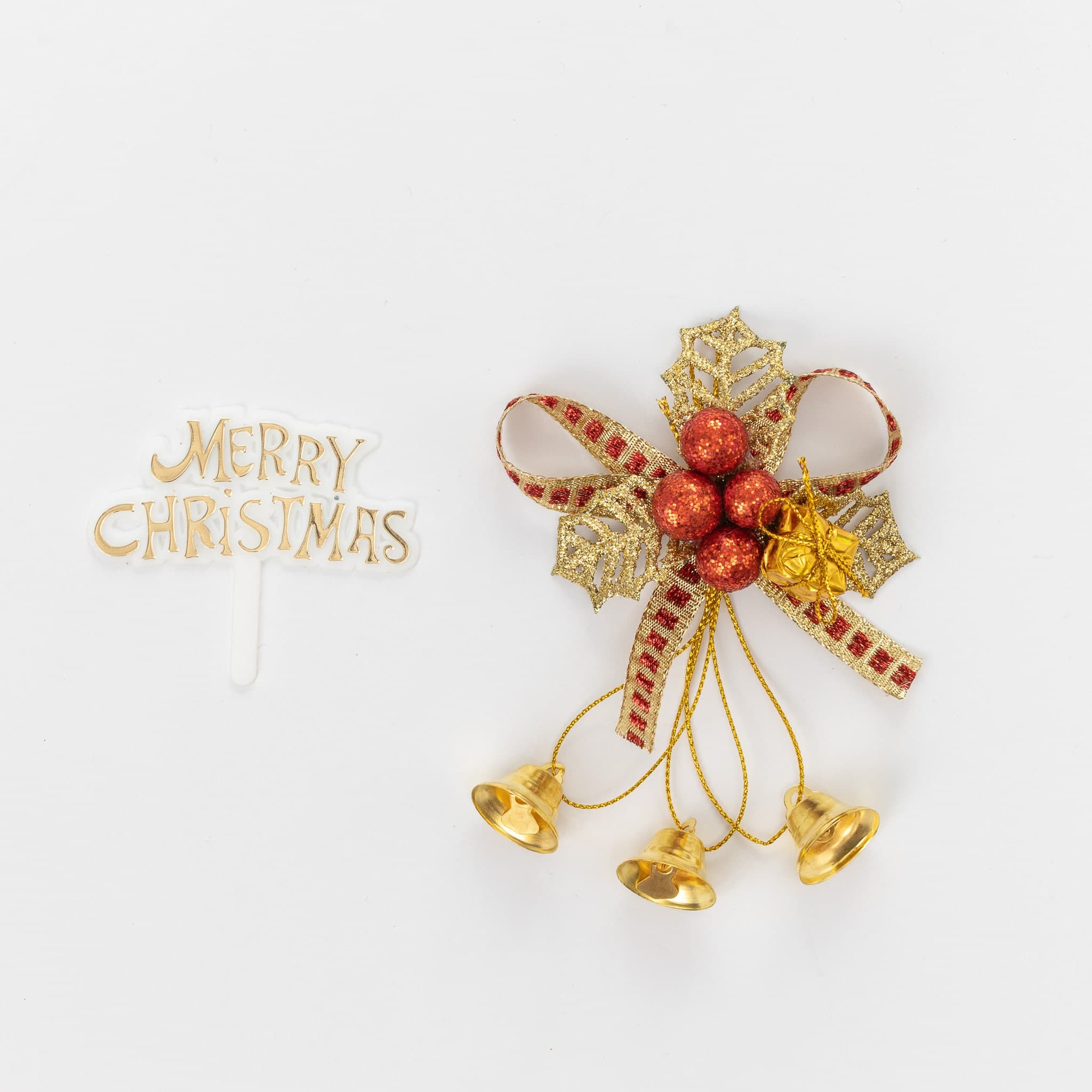 Christmas Cake Decoration topper Set Gold or silver Holly & Bells With Merry Christmas Sign - image 3