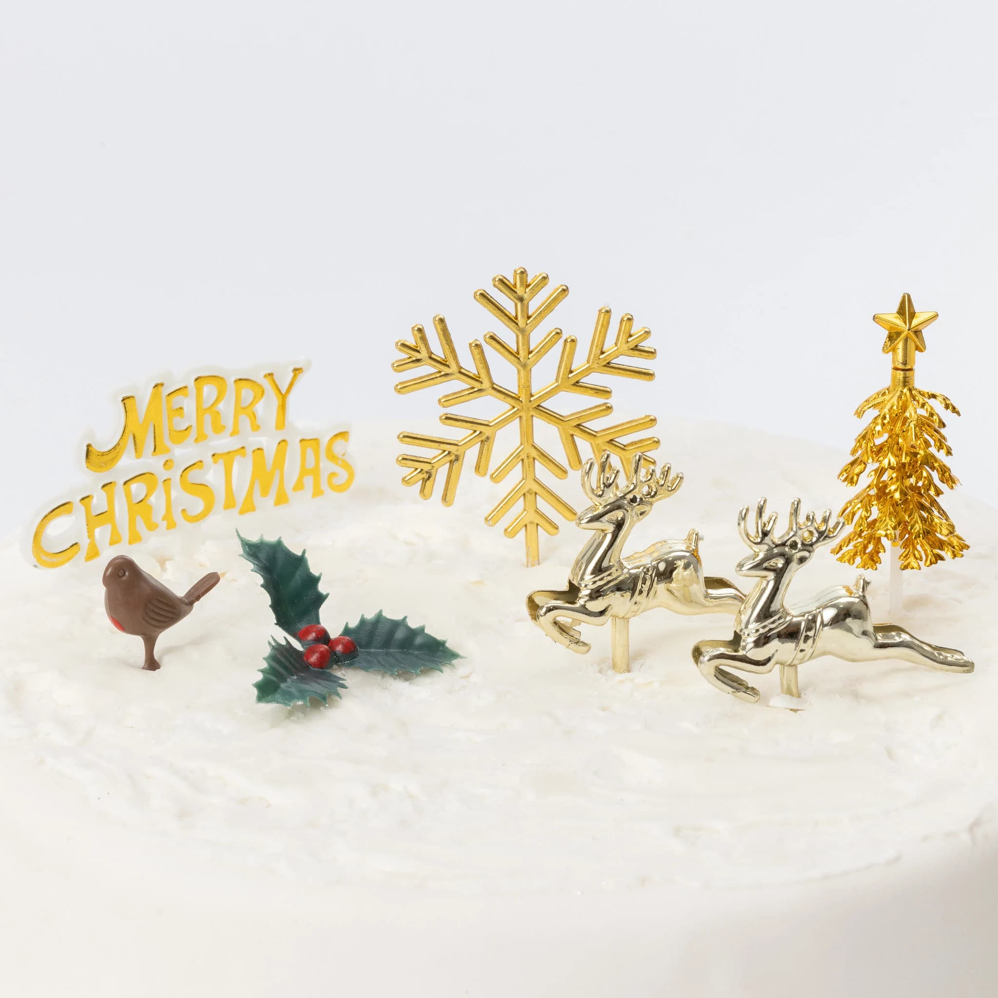 Christmas cake topper gold set holly 7 piece Cake Decorations log cupcake toppers - image 3