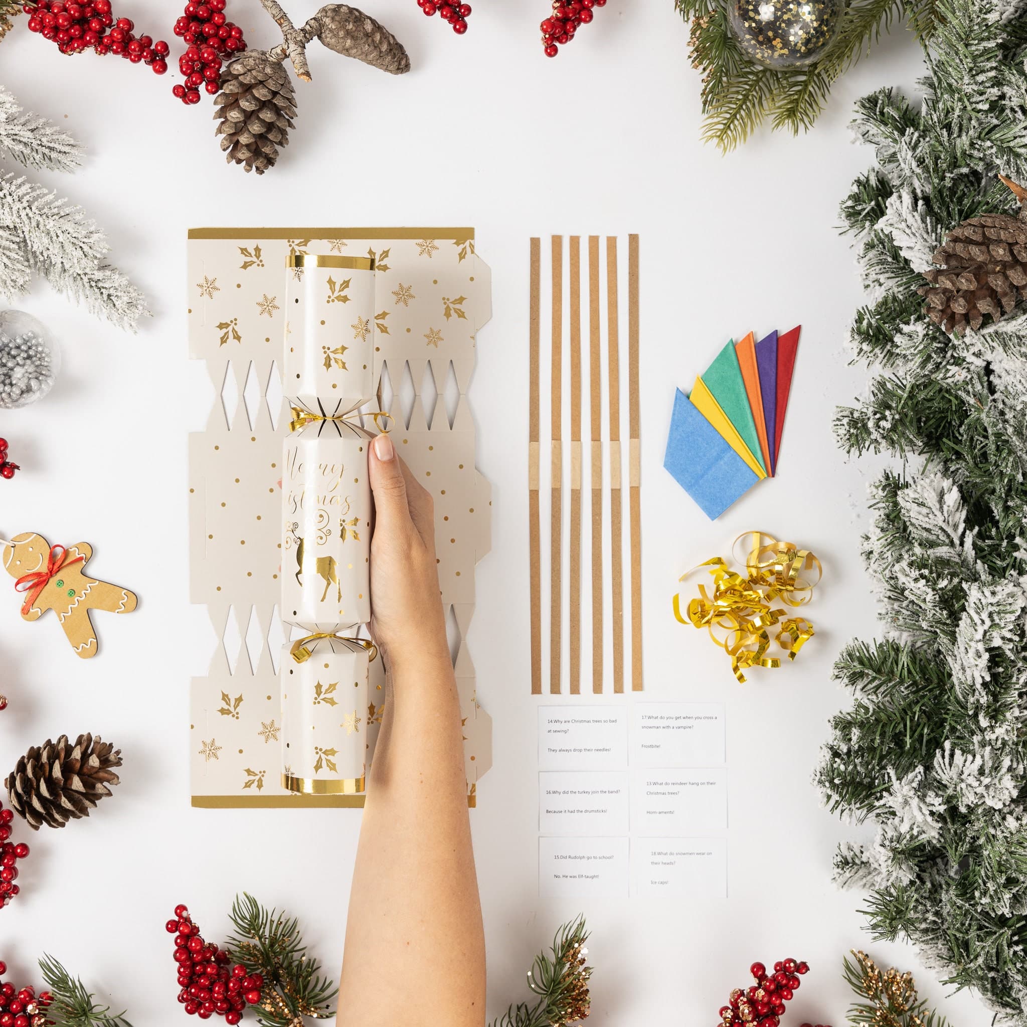 Make Your Own Christmas Cracker kit Crackers Hats Snaps Gold reindeer