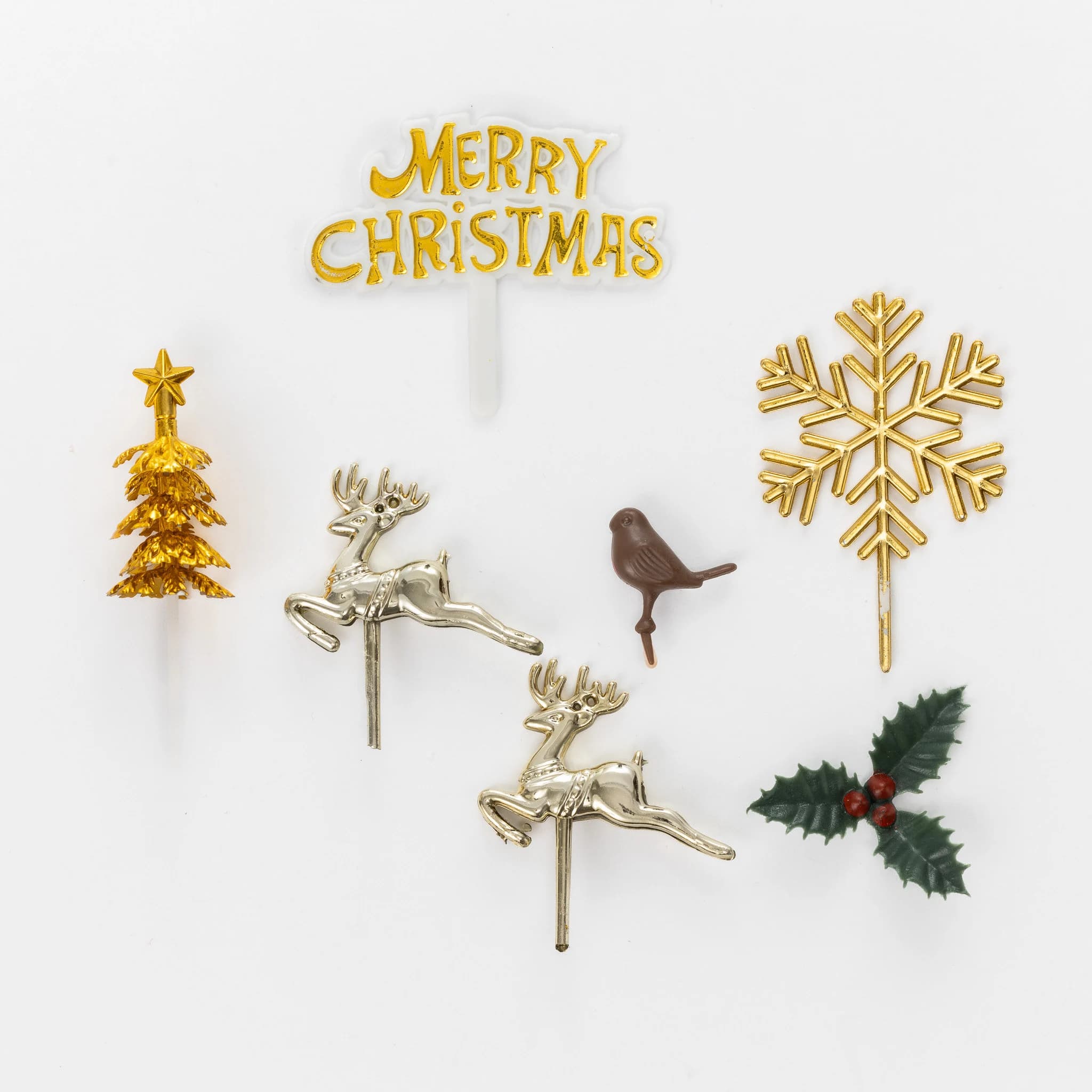 Christmas cake topper gold set holly 7 piece Cake Decorations log cupcake toppers - image 5