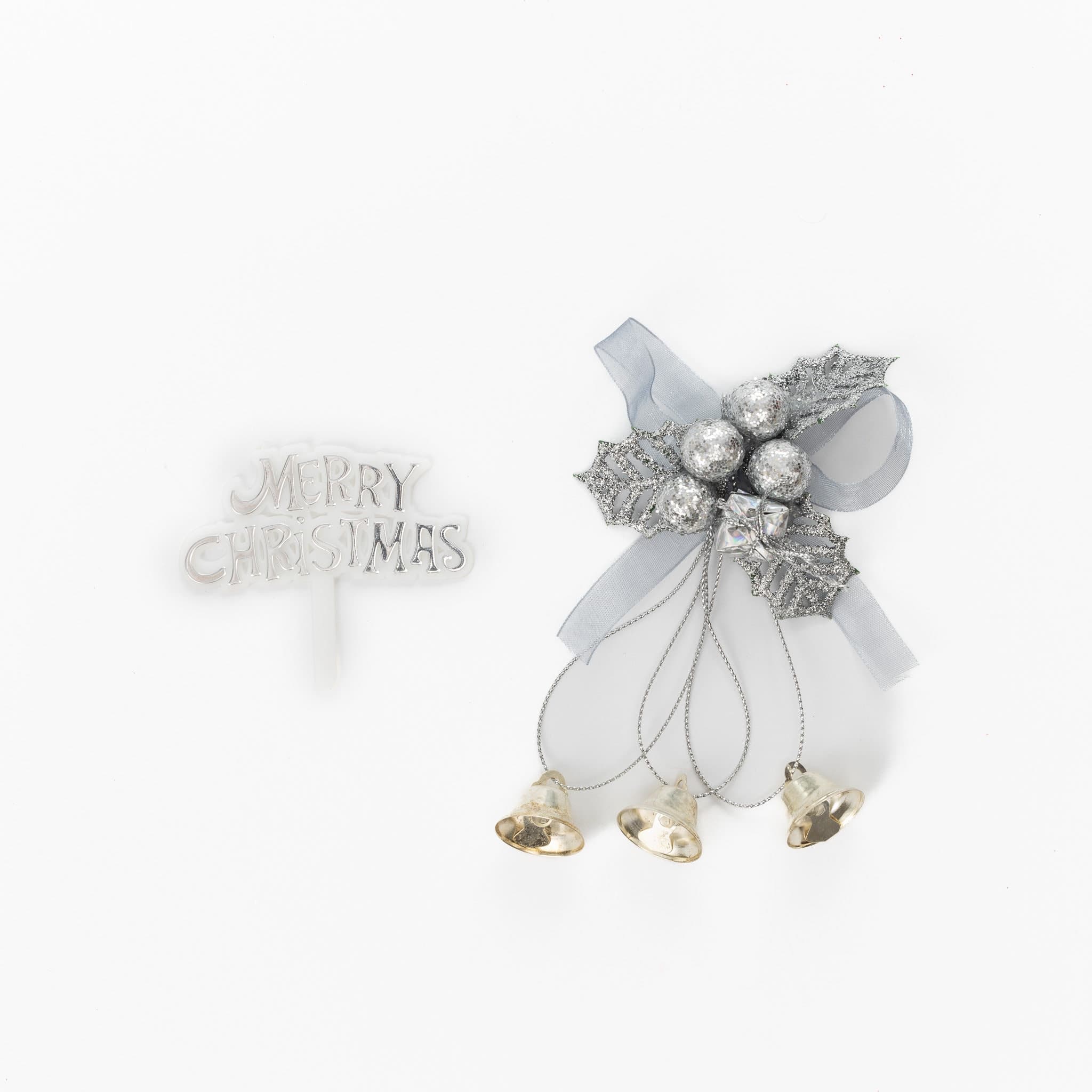 Christmas Cake Decoration topper Set Gold or silver Holly & Bells With Merry Christmas Sign - image 4