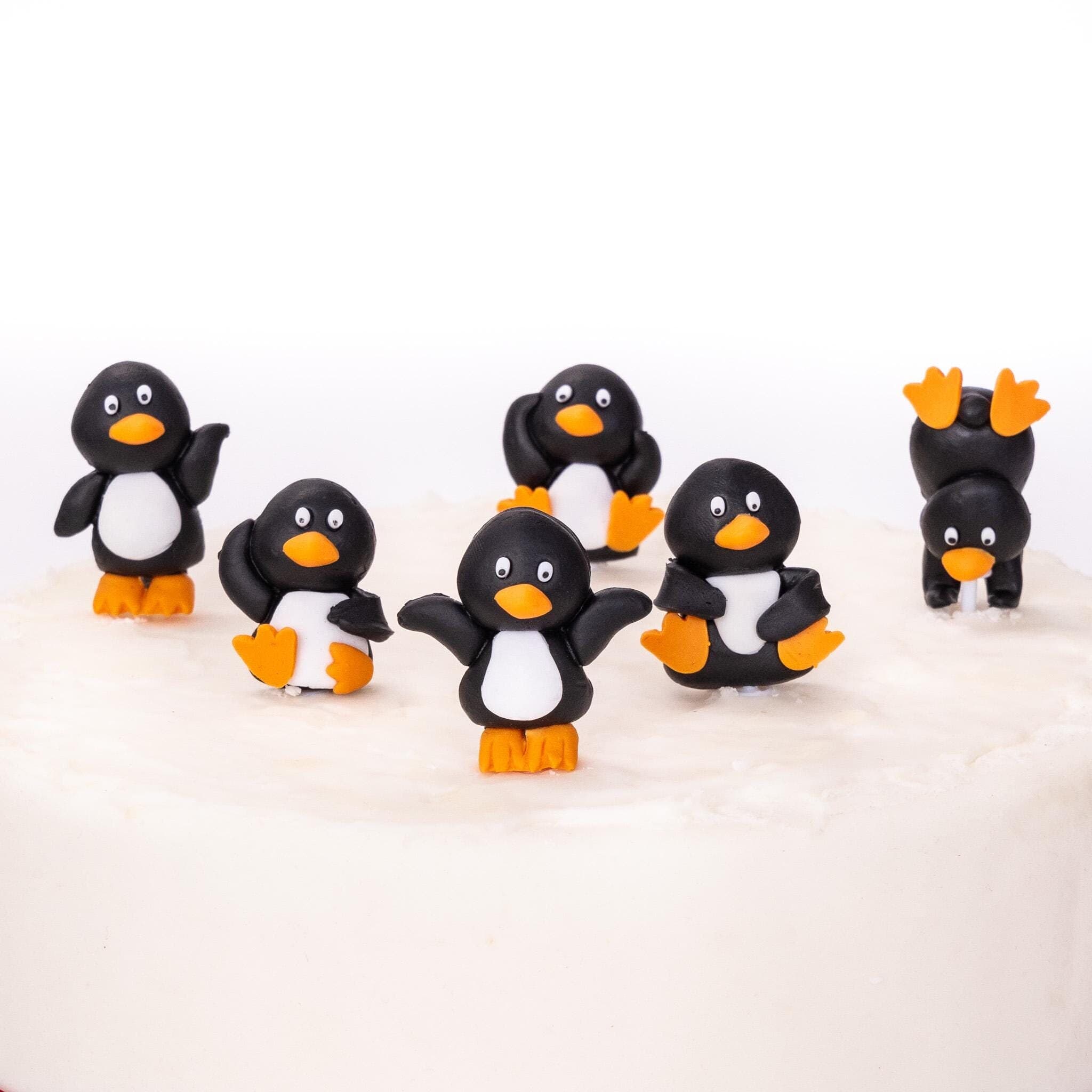 mini Penguin Christmas Cake Decorations yule log cupcake toppers 6 x - image 3