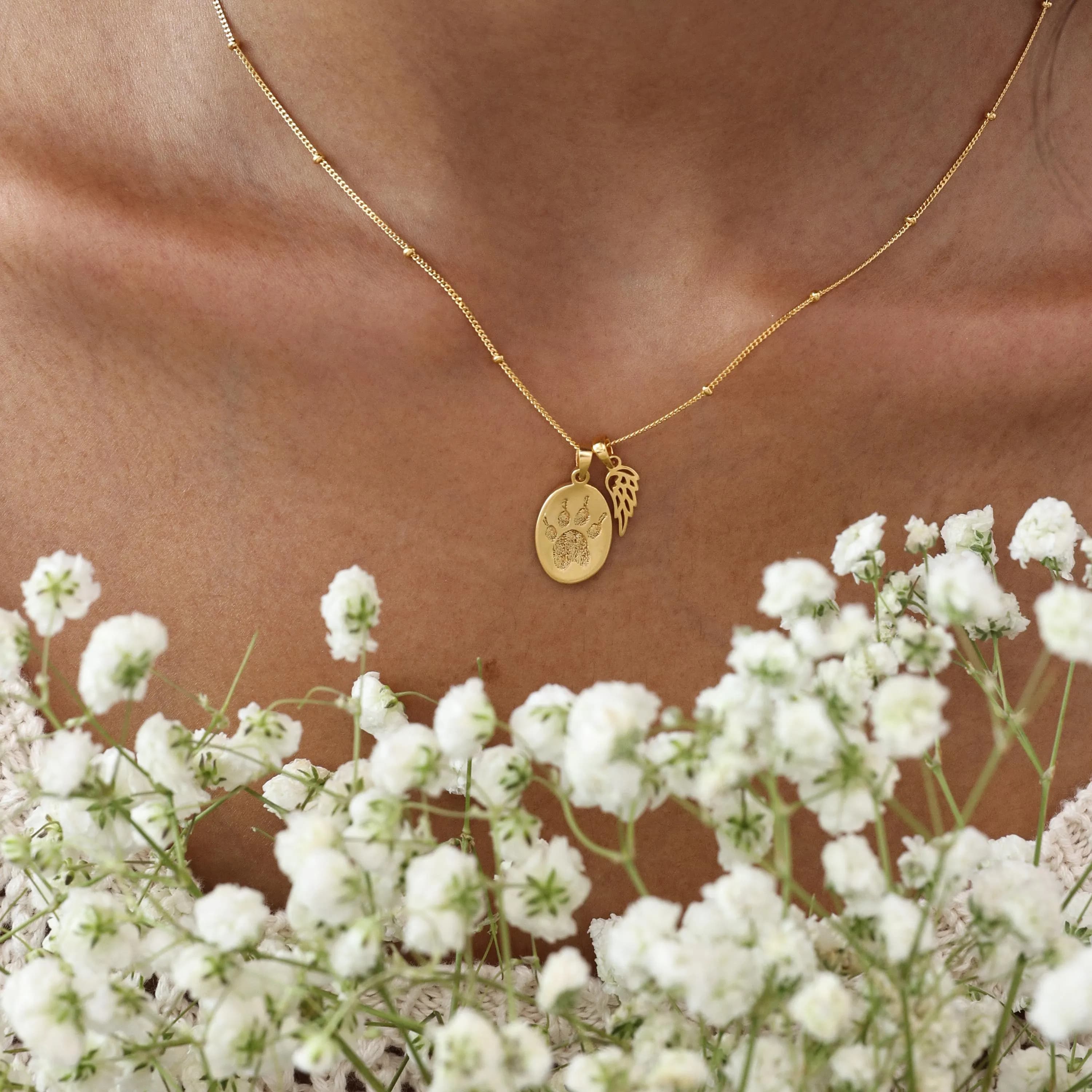 Dog PawPrint Curved Oval Necklace with Angel Wing | Cat Paw Print Jewelry TSK Silver - image 3