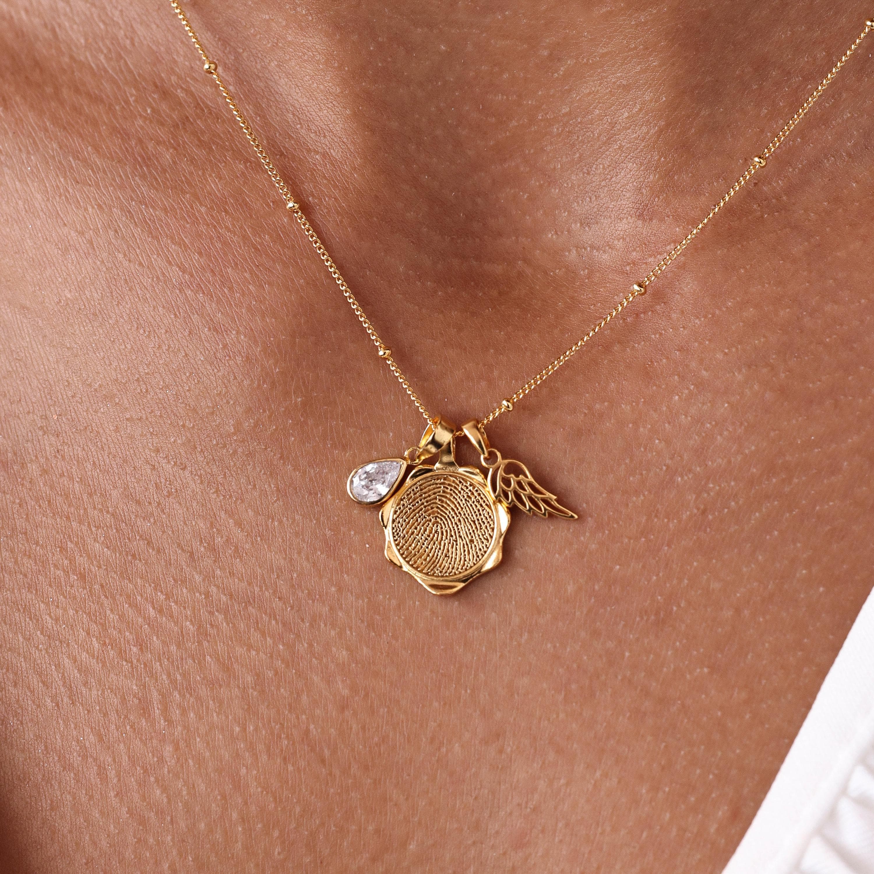 Petite Charm Fingerprint Necklace with Birthstone and Angel Wing | Mother's Day - Christmas Gifts