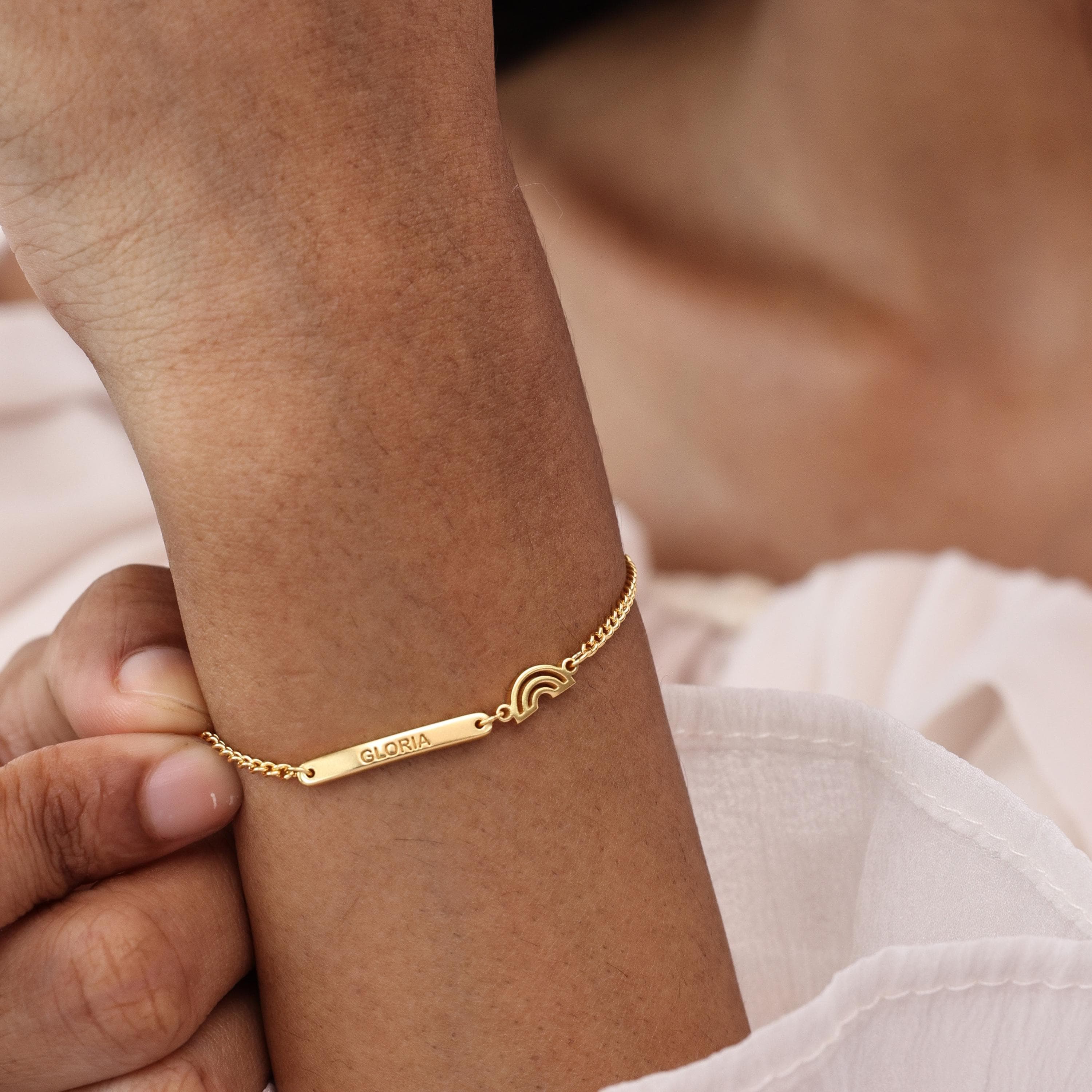 Custom Mini Bar Bracelet with Rainbow Charm | Dainty Memorial Jewelry | Mother’s Day Gifts