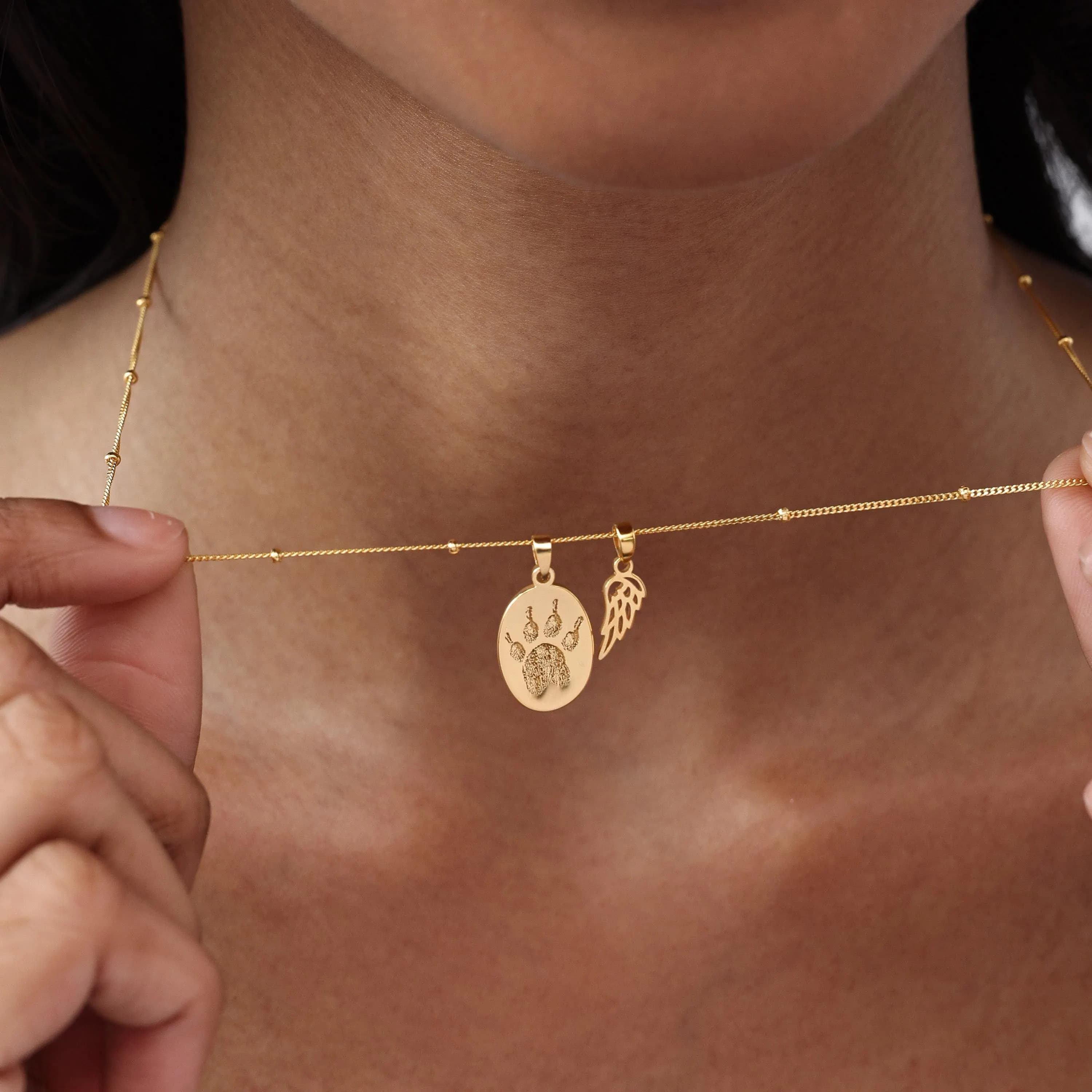 Dog PawPrint Curved Oval Necklace with Angel Wing | Cat Paw Print Jewelry TSK Silver