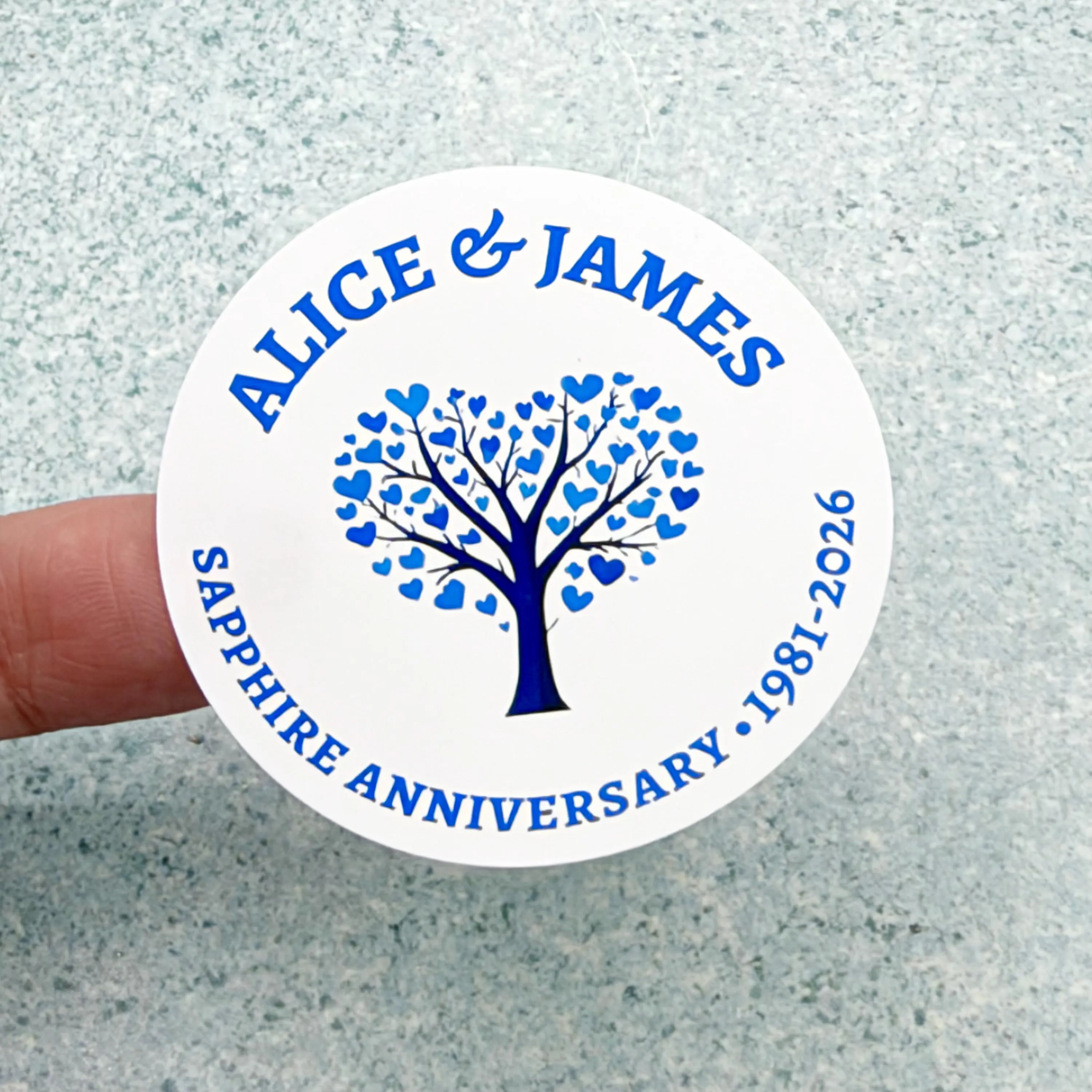 Personalised Sapphire Anniversary Stickers, 45th or 65th Wedding Celebration, Heart Anniversary Stickers