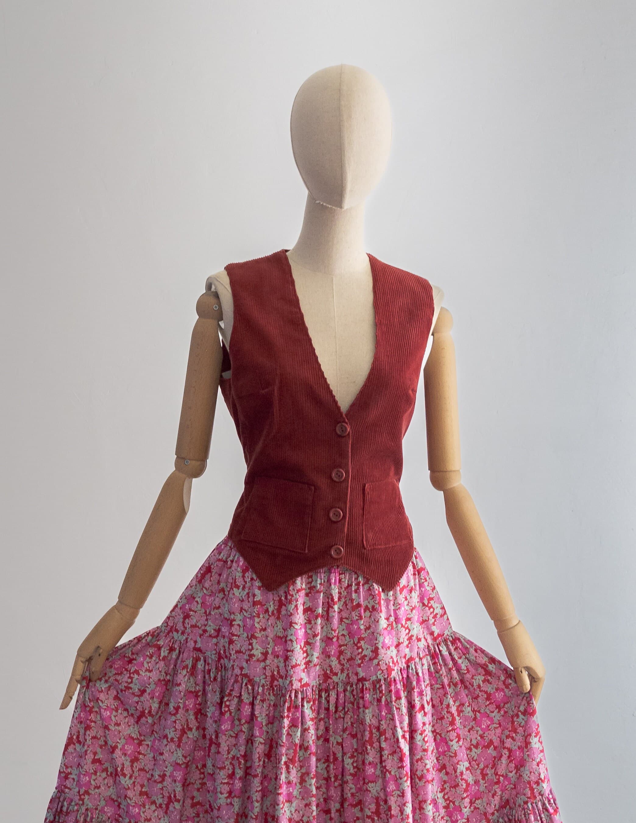 rare find 70s Laura Ashley corduroy vest burgundy lined buttoned cropped patch pockets, back short tie belts, made in Carno Wales UK, small - image 3