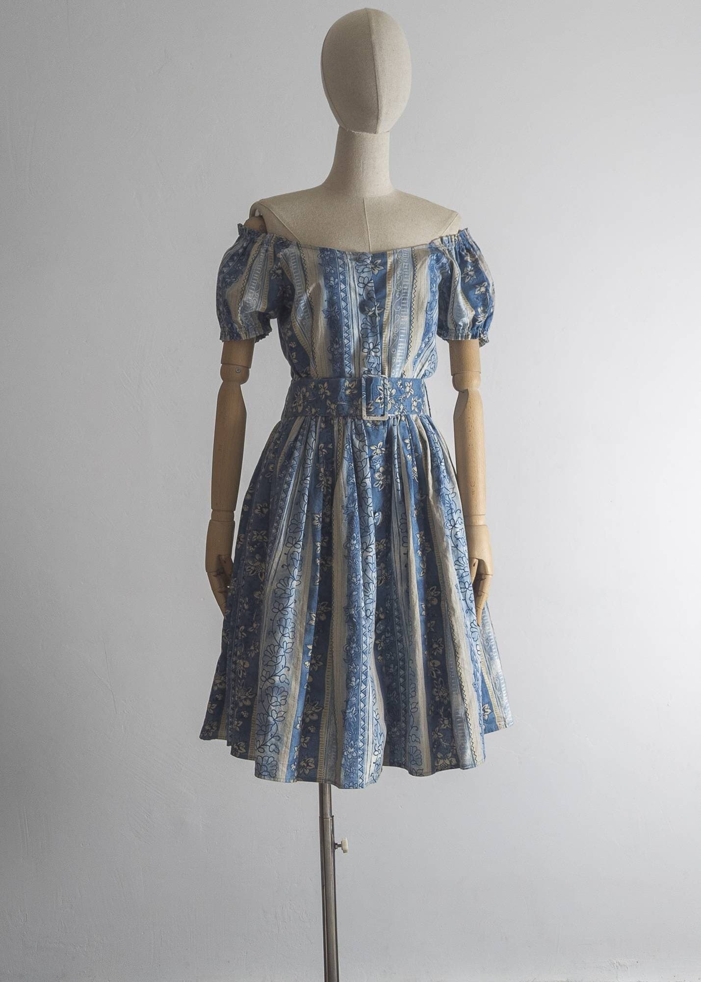 French blue short petticoat dress vintage Camaieu off-the-shoulder puffy short sleeve fluffy floral mini skater dress neutral blue and tan - image 3