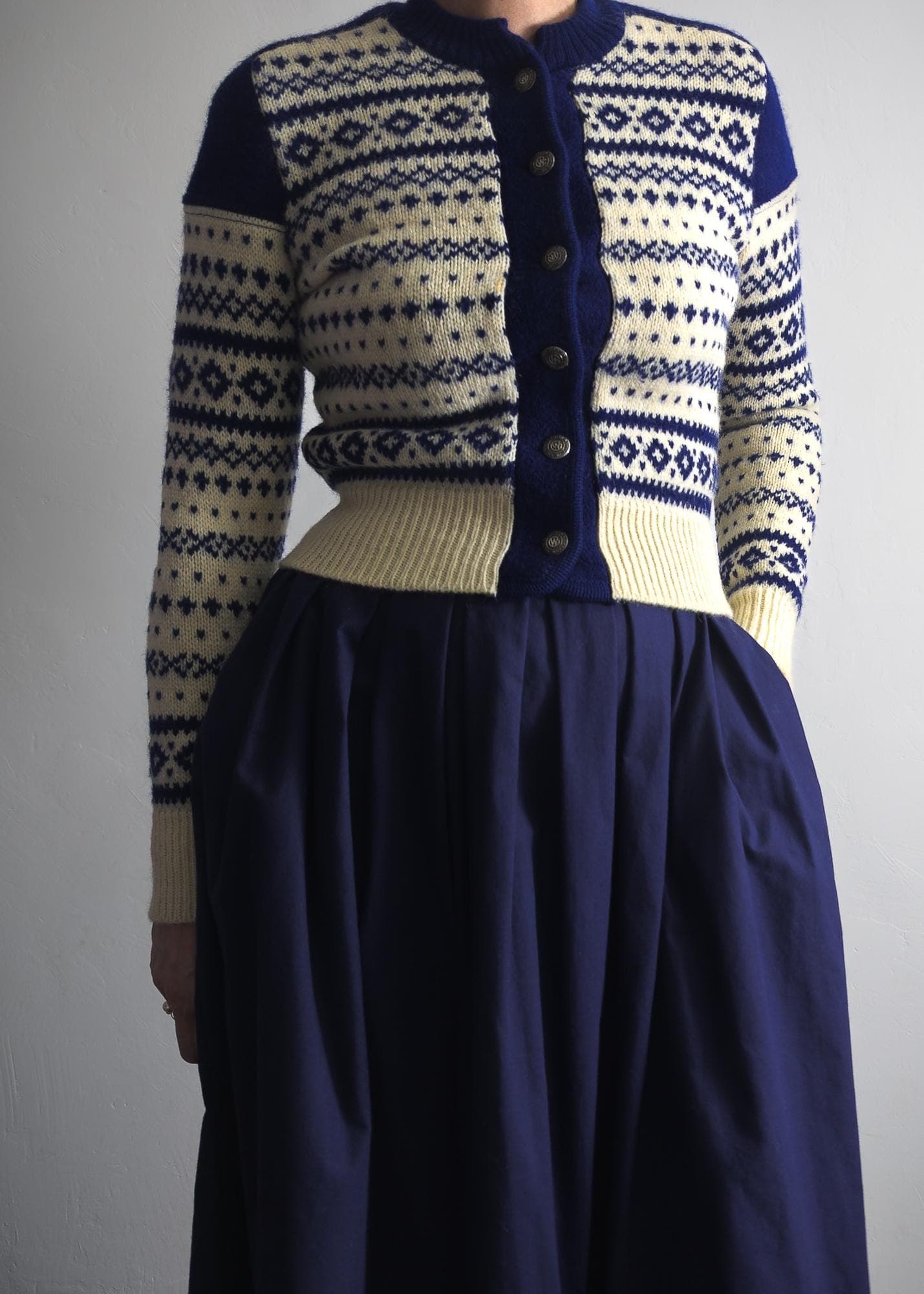 1940's inspired nordic fair isle cardigan austrian bavarian sweater combined w/boiled wool fitted cropped button-up sweater navy blue white