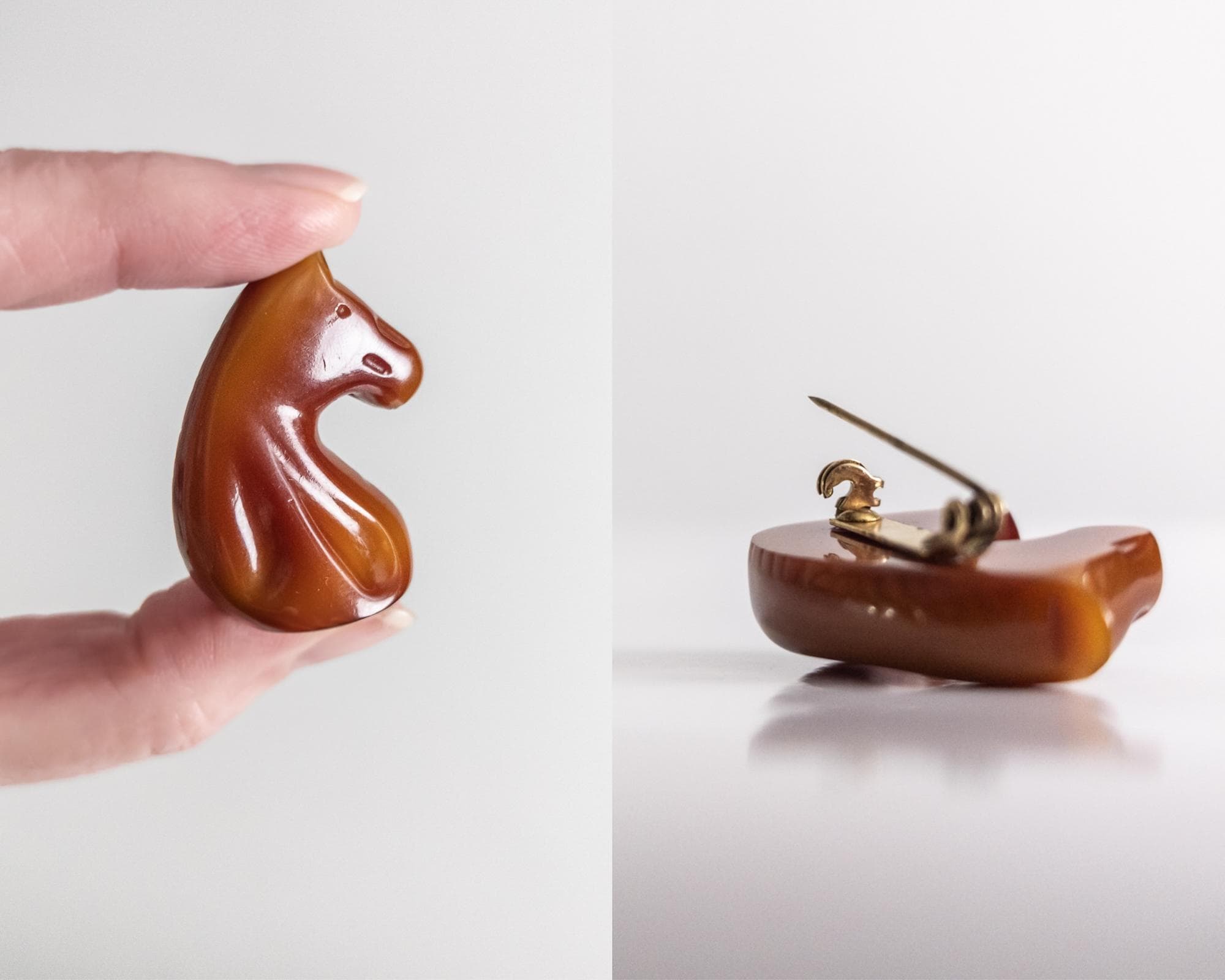 vintage bakelite carved horse pin/brooch – butterscotch