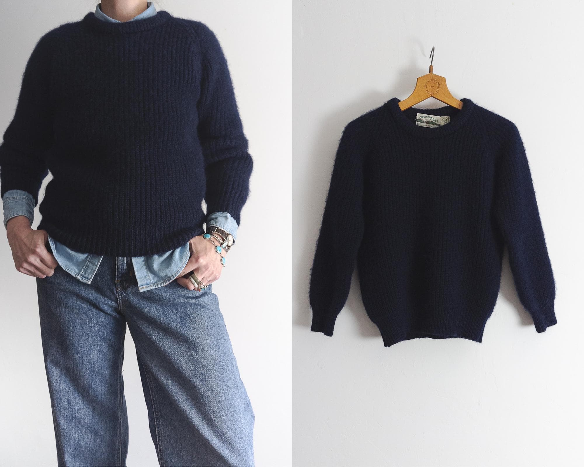 vintage navy aran fisherman sweater, chunky rib knit wool, made in ireland, crew neck, raglan sleeves, size xxs petite extra small
