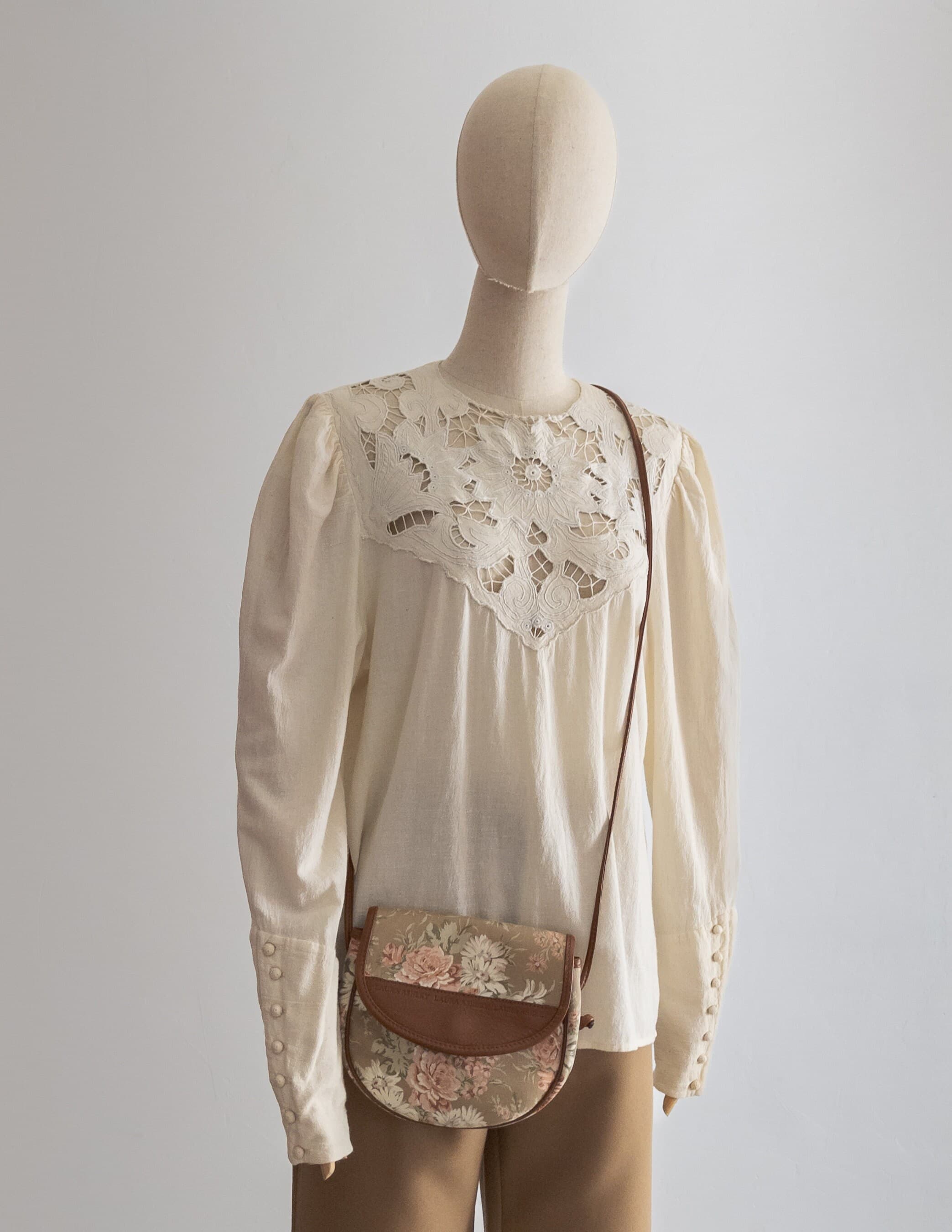 richelieu embroidery blouse poet sleeve creamy cutwork lace neckline blouse, unique blouse, bohemian lace top long sleeve, crochet buttons - image 4