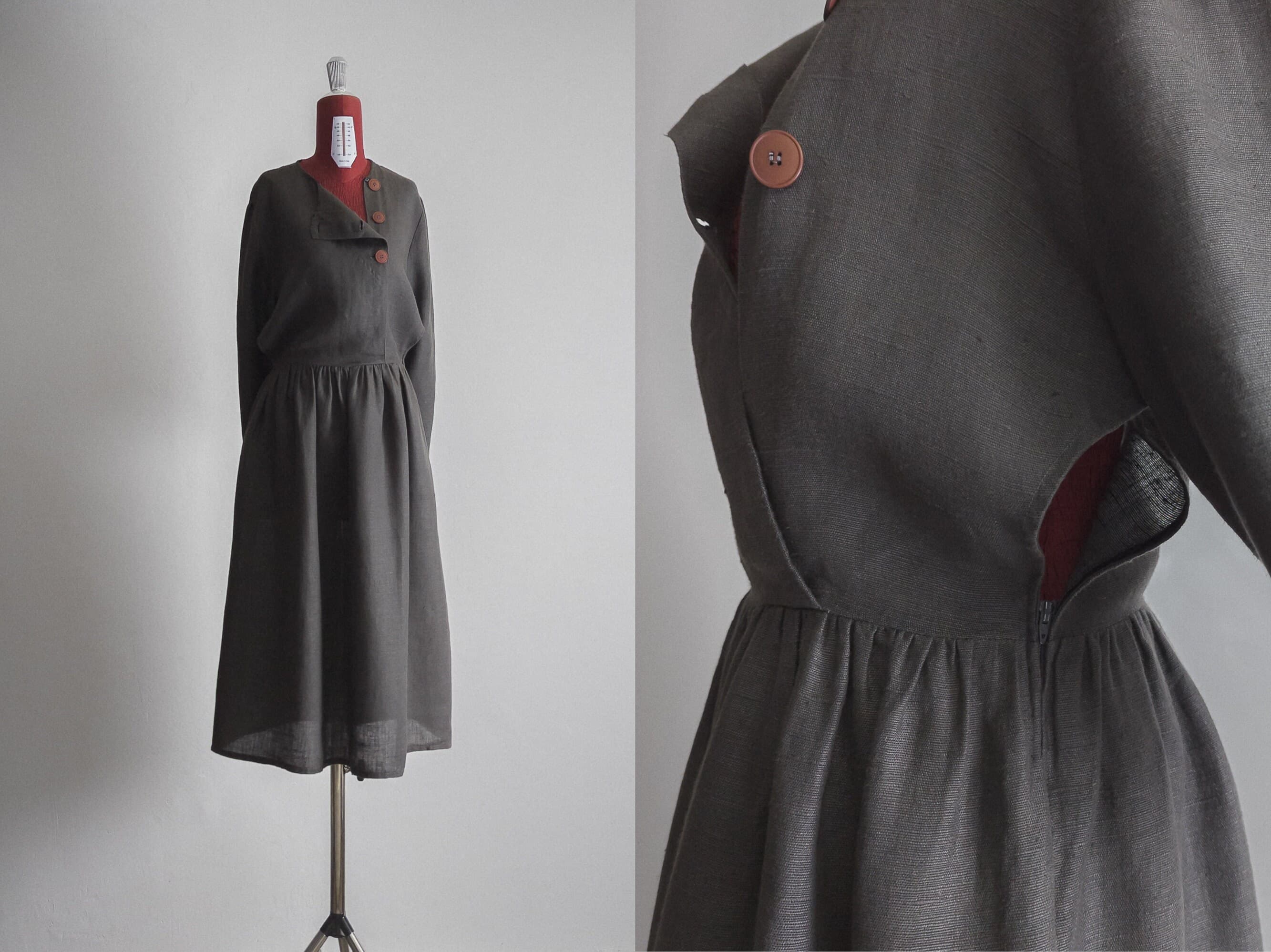 Italian peppercorn pure linen dress w/pockets, open side and long sleeve