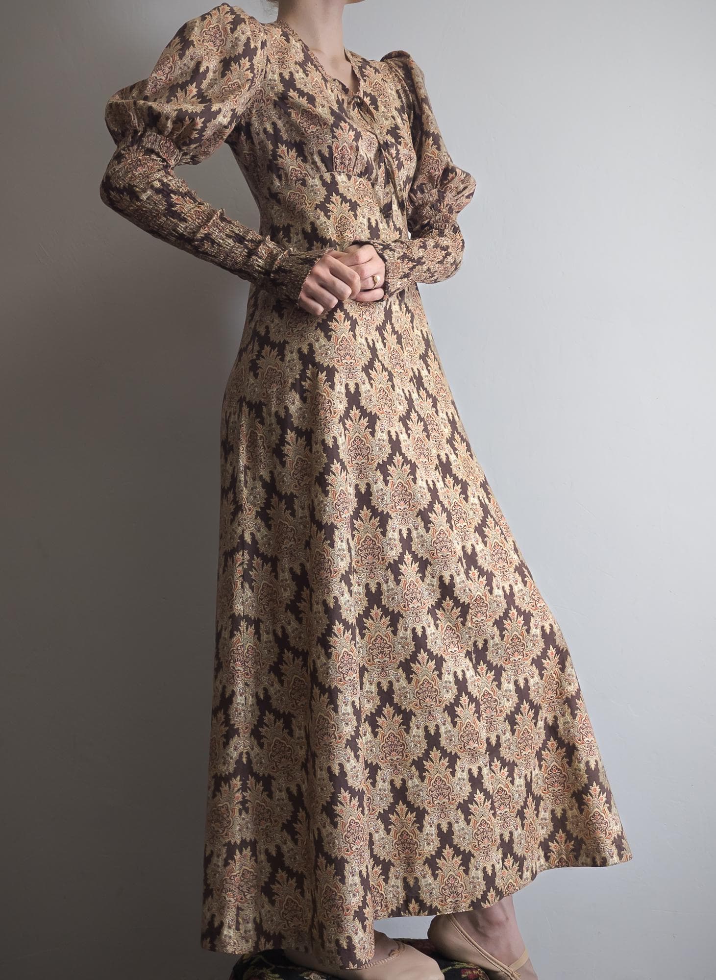 juliet smocked sleeve prairie dress liberty of london cotton 1960s 70s bluestocking by beth brett earthy tone renaissance empire maxi dress - image 5