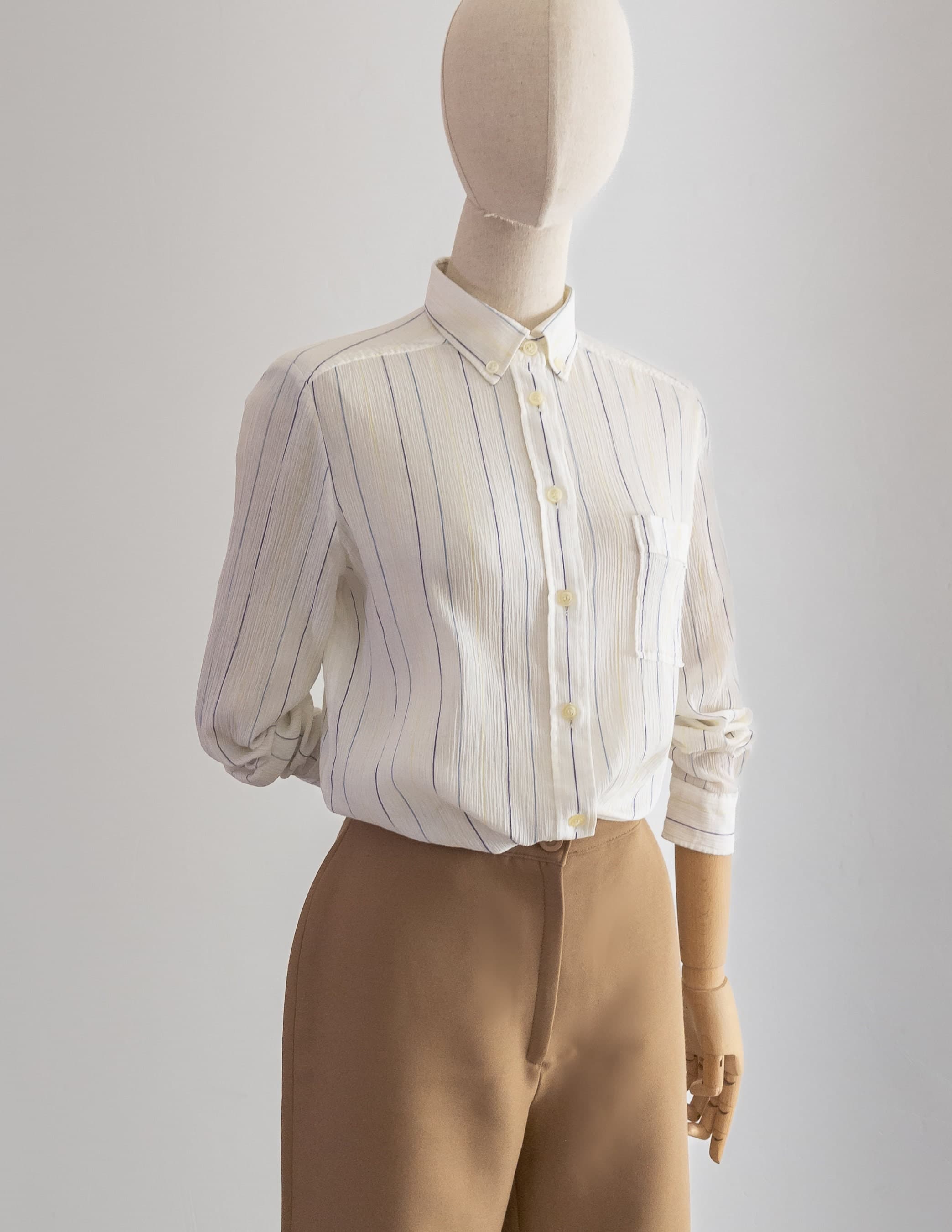 1970s Kitex slim fit shirt button-down collar, two-tone pinstripe white shirt, crinkle pure cotton voile, women's preppy style 60s 70s shirt - image 3