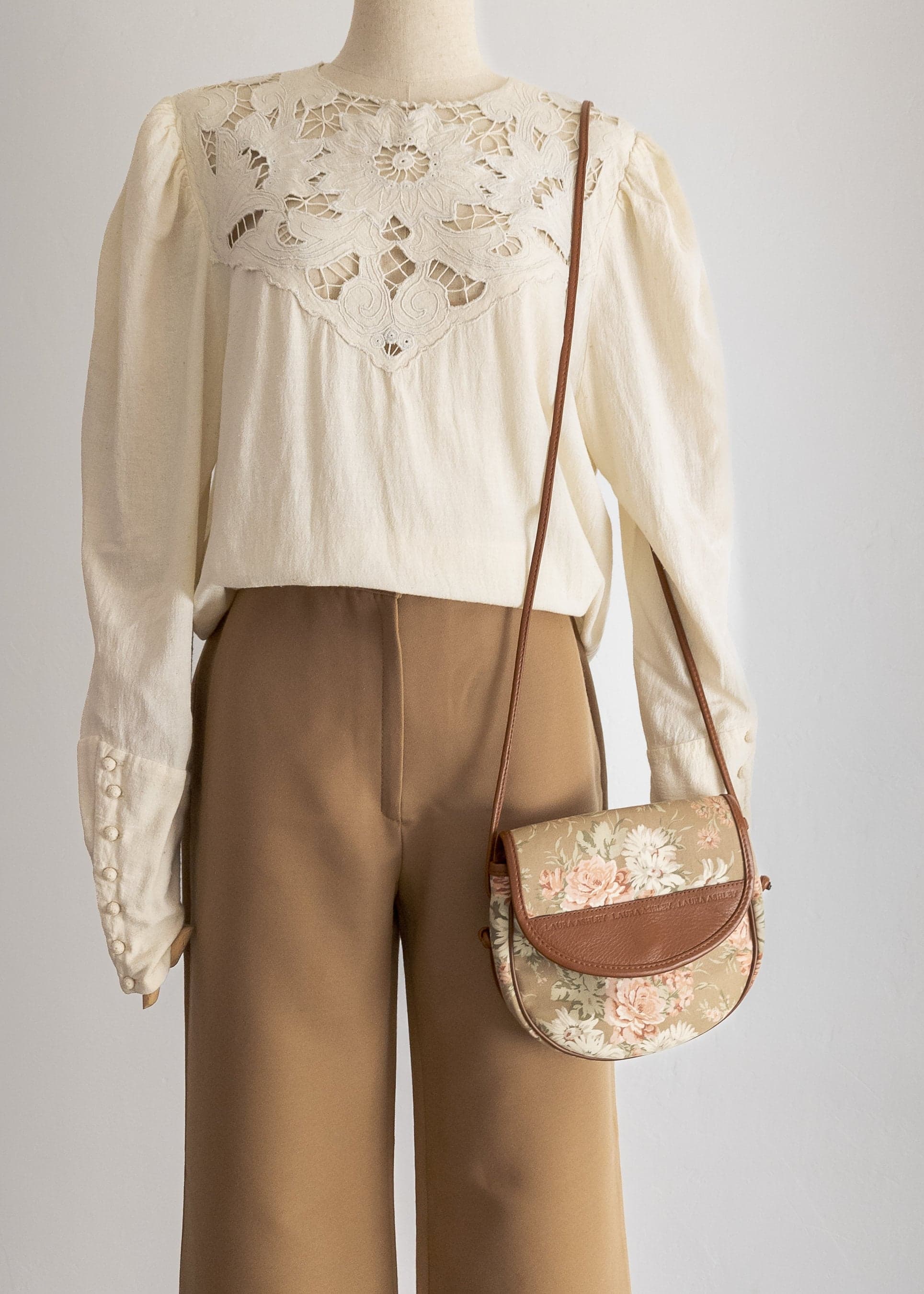 90s Laura Ashley bag cross-body purse canvas embossed leather trim, thin leather strap cross body bag purse, floral canvas purse with strap - image 3