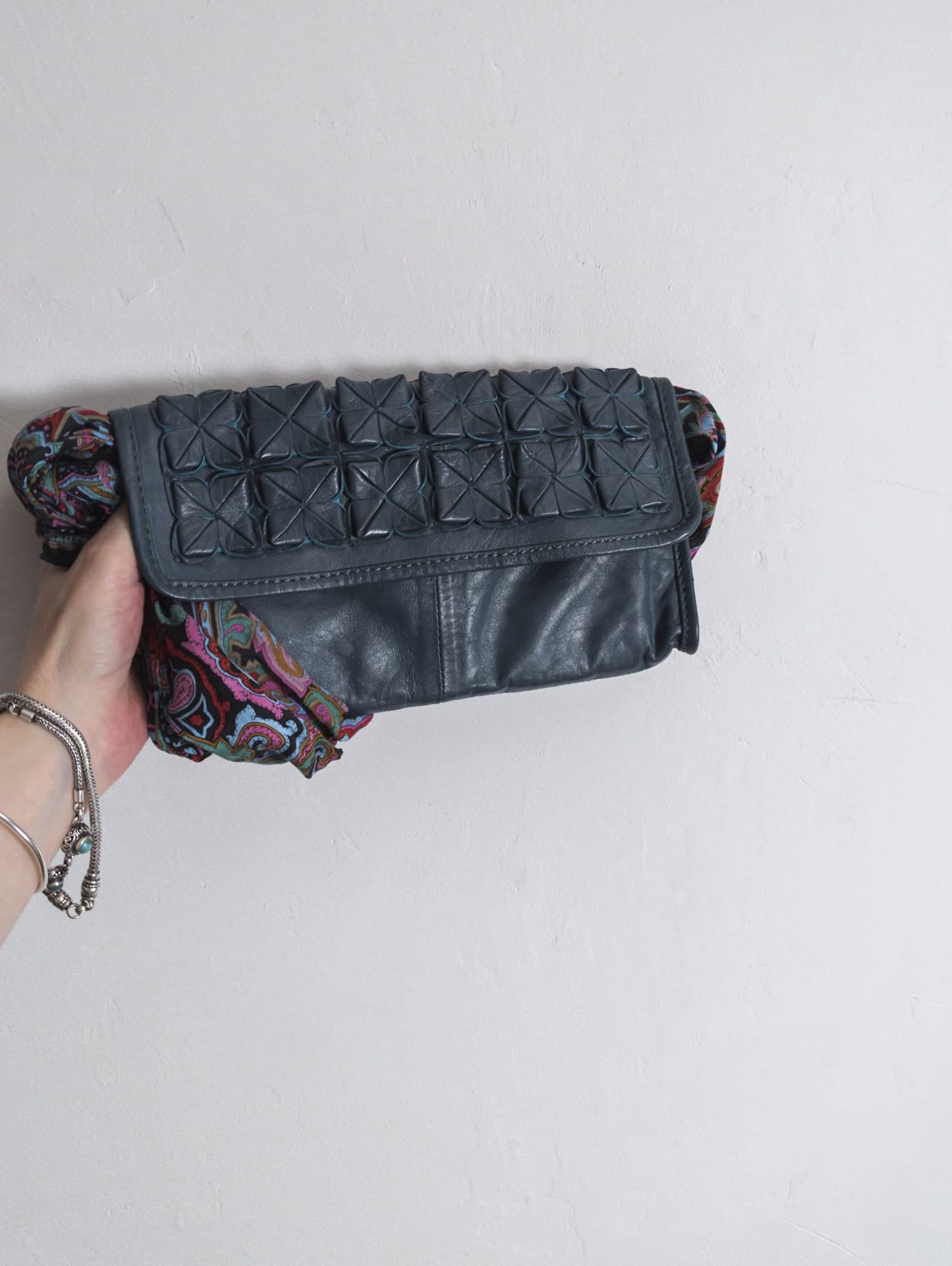 french blue kidskin kid leather clutch bag w/3D squary flower by jones bootmaker - image 3