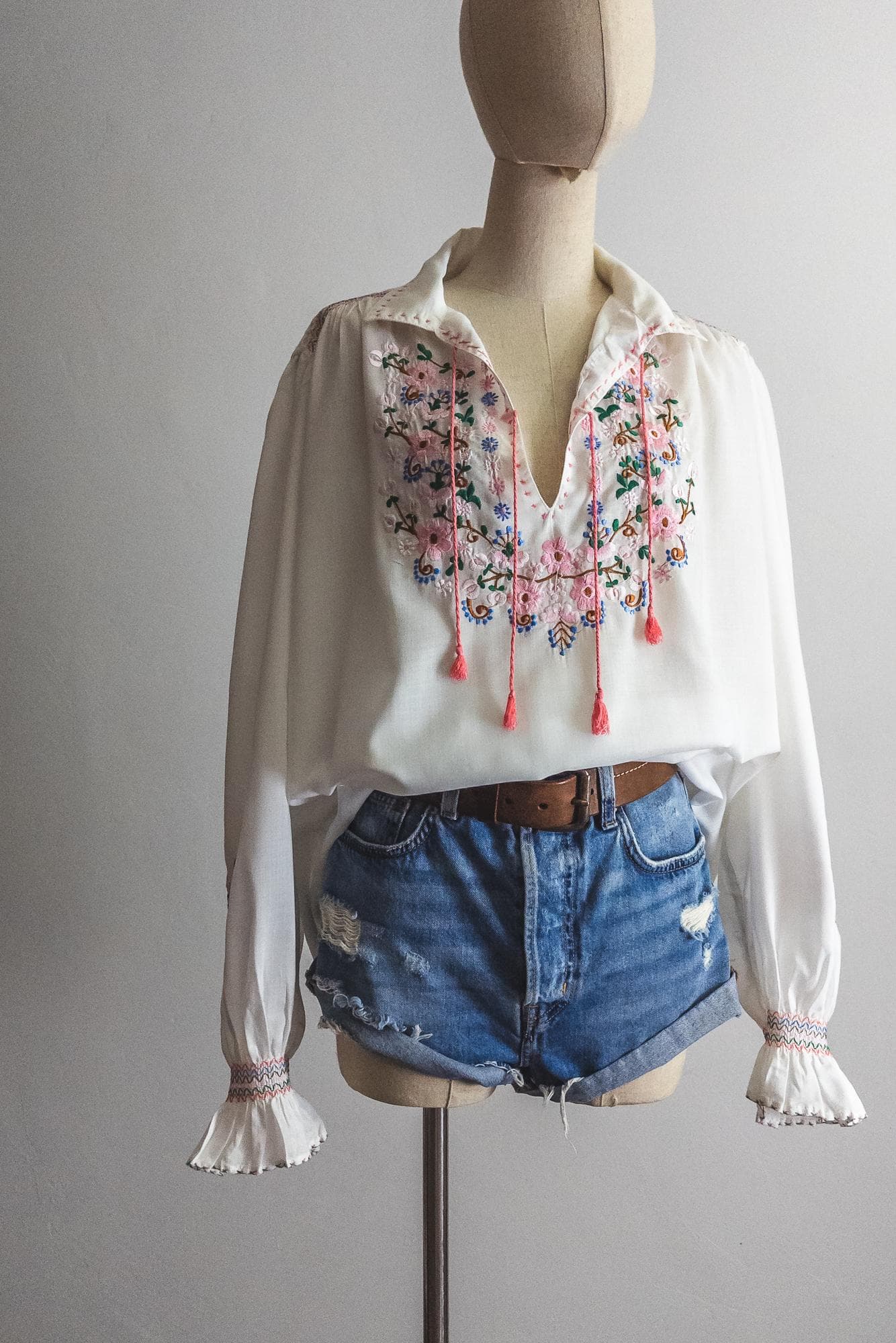 pakistani kaiser blouse, white embroidered peasant blouse, folk blouse, fast colour embroidery top, cherry blossom embroidery blouse - s/m/l