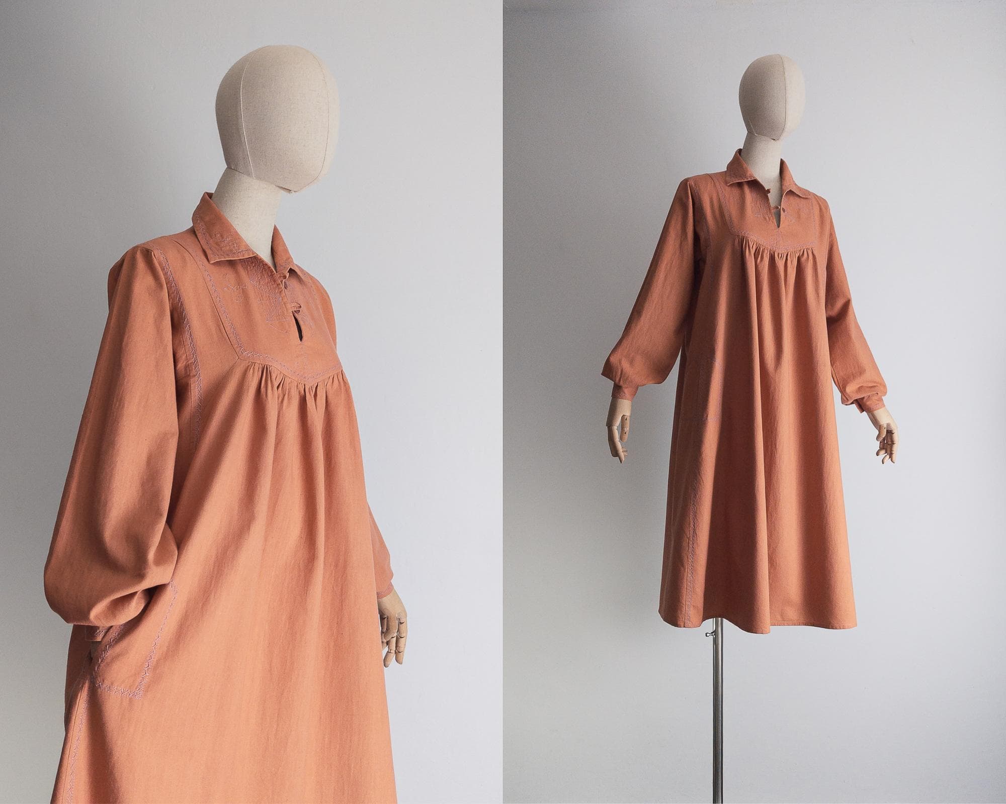 1970s boho ethnic embroidered nap dress – cooked salmon cotton