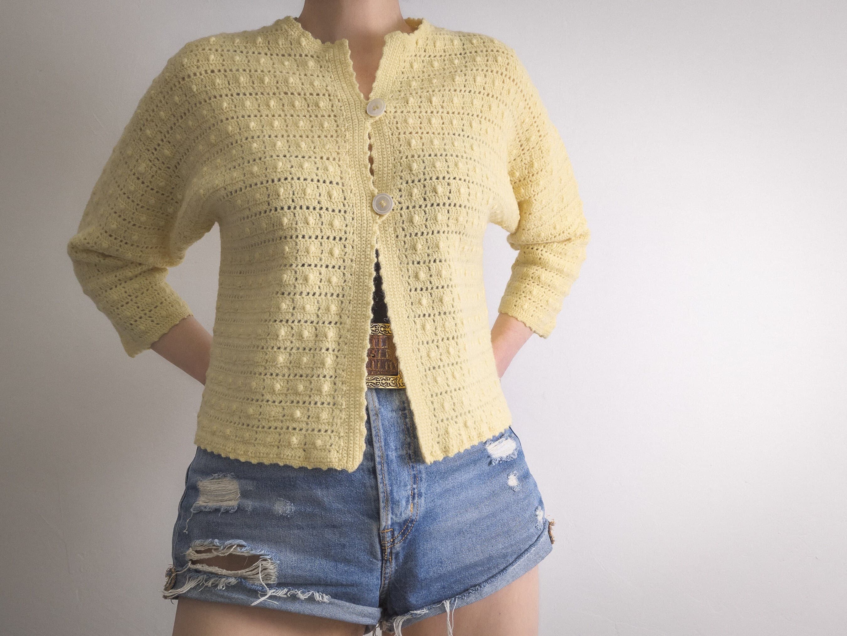 lace crochet polka dot wool top vintage 1960s bedjacket shortgown style open lace stitches, exquisite popcorn, crochet swiss dot style - image 4