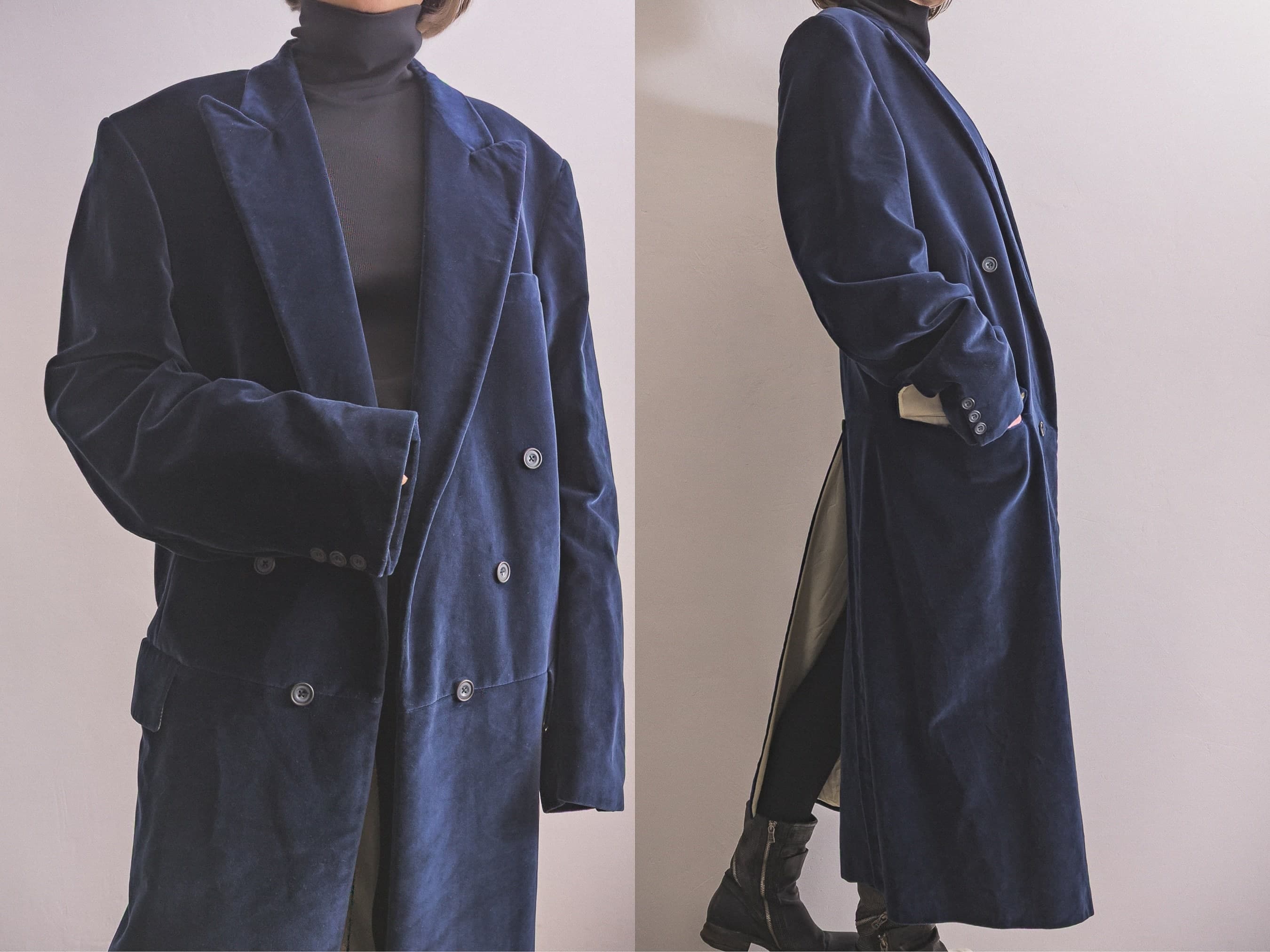Velvet frock coat Victorian Edwardian-inspired vintage 1950s tailored bespoke made long formal men's coat sapphire blue velvet overfrock