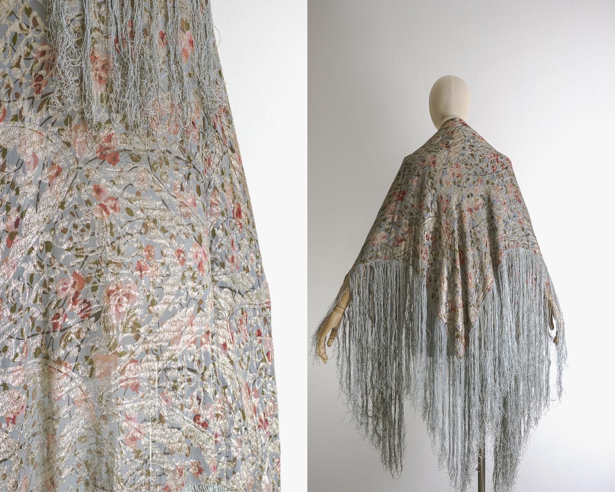 vintage dressy piano shawl wrap with botanical print, zari work, and long fringes