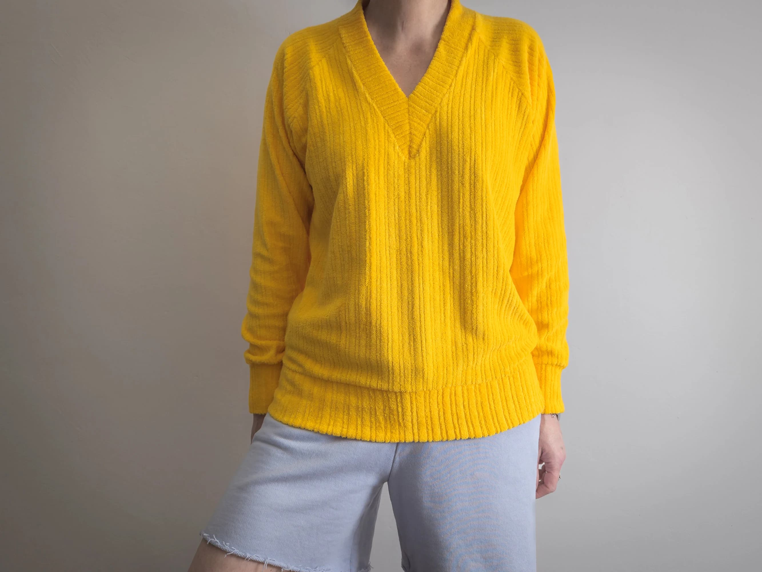 sporty terry pullover top vintage 1980s yolk yellow stretchy cotton and nylon blend rib knit terrycloth long sleeve loose top t-shirt shirt - image 5